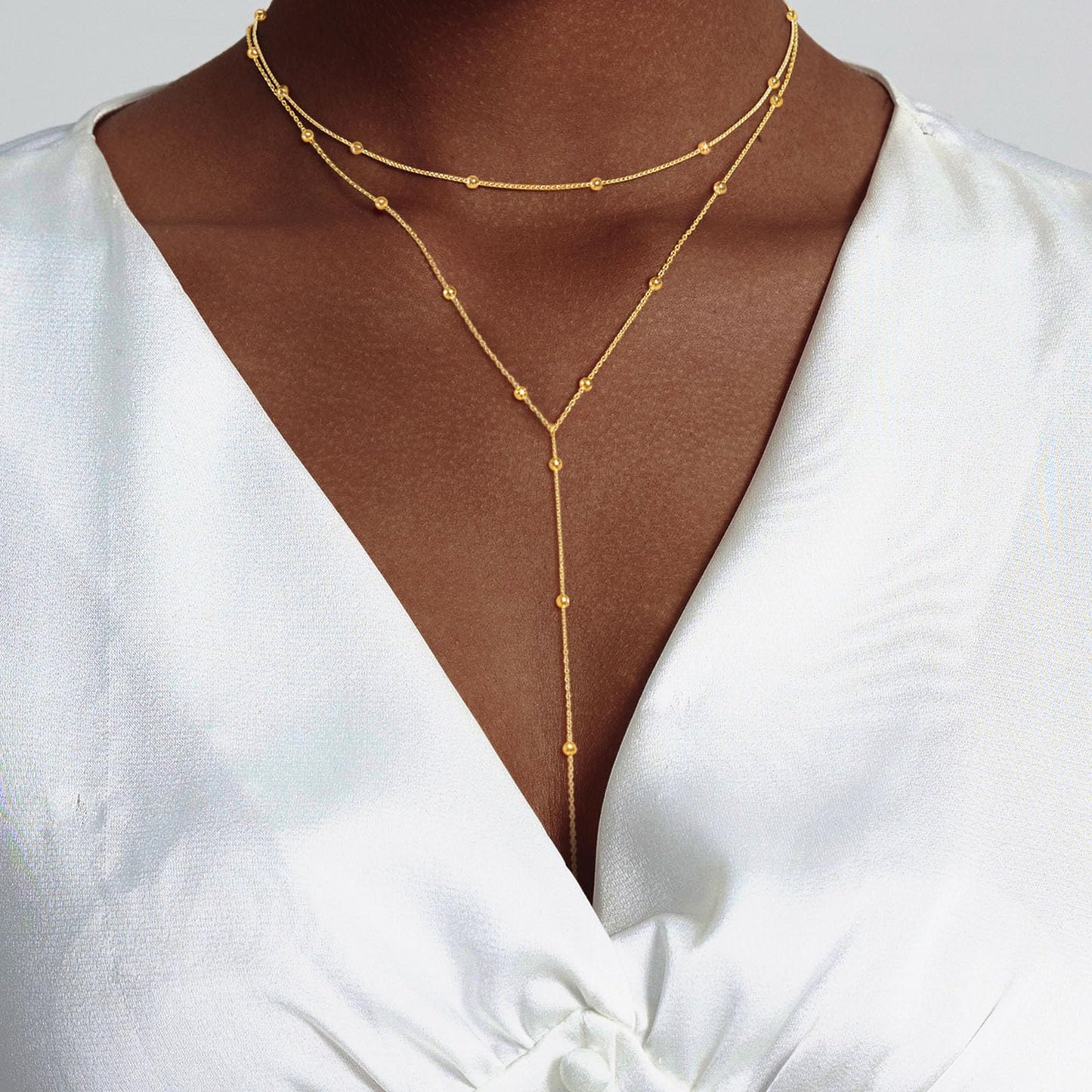 Airmb Gold Necklaces for Women Dainty Long Trendy Y Necklace 14k Gold Plated Long Necklaces for Women Trendy Layered Beaded Necklaces Simple Y Necklace Gold Jewelry for Woman