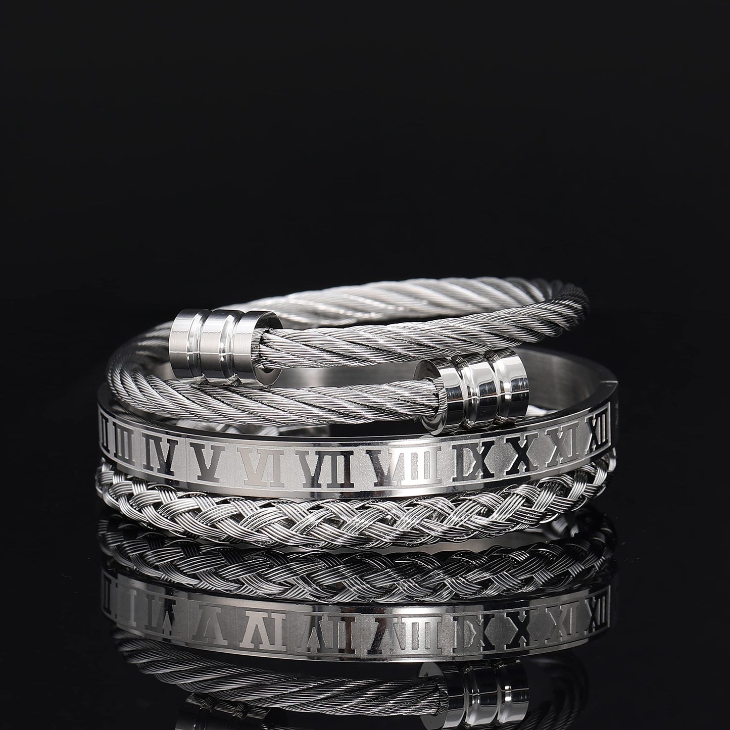 WFYOU 3PCS Stainless Steel Bracelets for Men - Gold Roman Numeral & Adjustable Cuff Bracelets - Luxury Mens Jewelry Gifts, 2.5 inch, Metal, stainless-steel