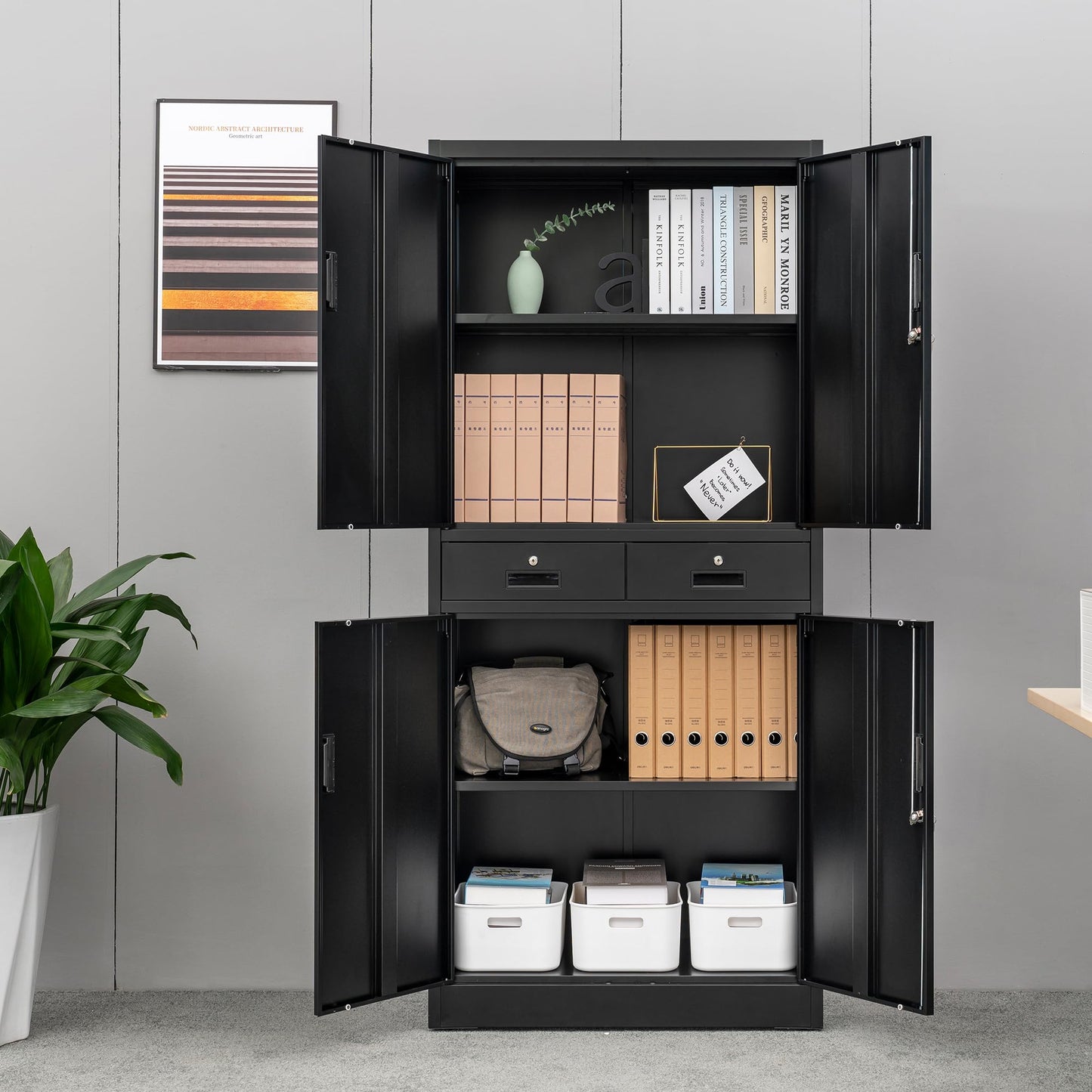 Wanfu Metal Storage Cabinet, 71" Locking Storage Cabinet with Adjustable Shelves and 2 Drawers, Steel Cabinets for Office, Garage, Home, School, Utility Room(Black)