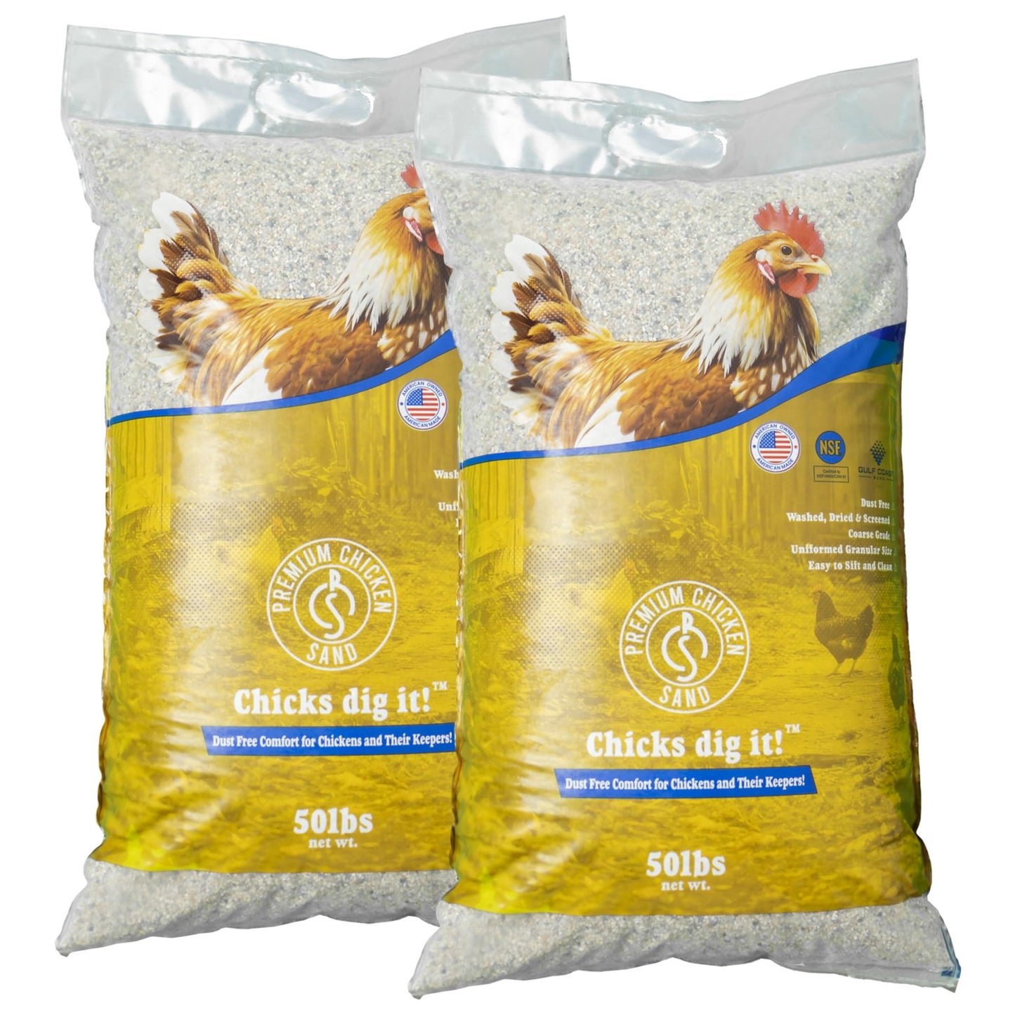 Premium Chicken Sand 50 lbs (2-Pack) â Dust-Free, Odor-Control Bedding for Chicken Coops, Nesting Boxes, and Runs â Natural Poultry Litter, 100 lbs Total