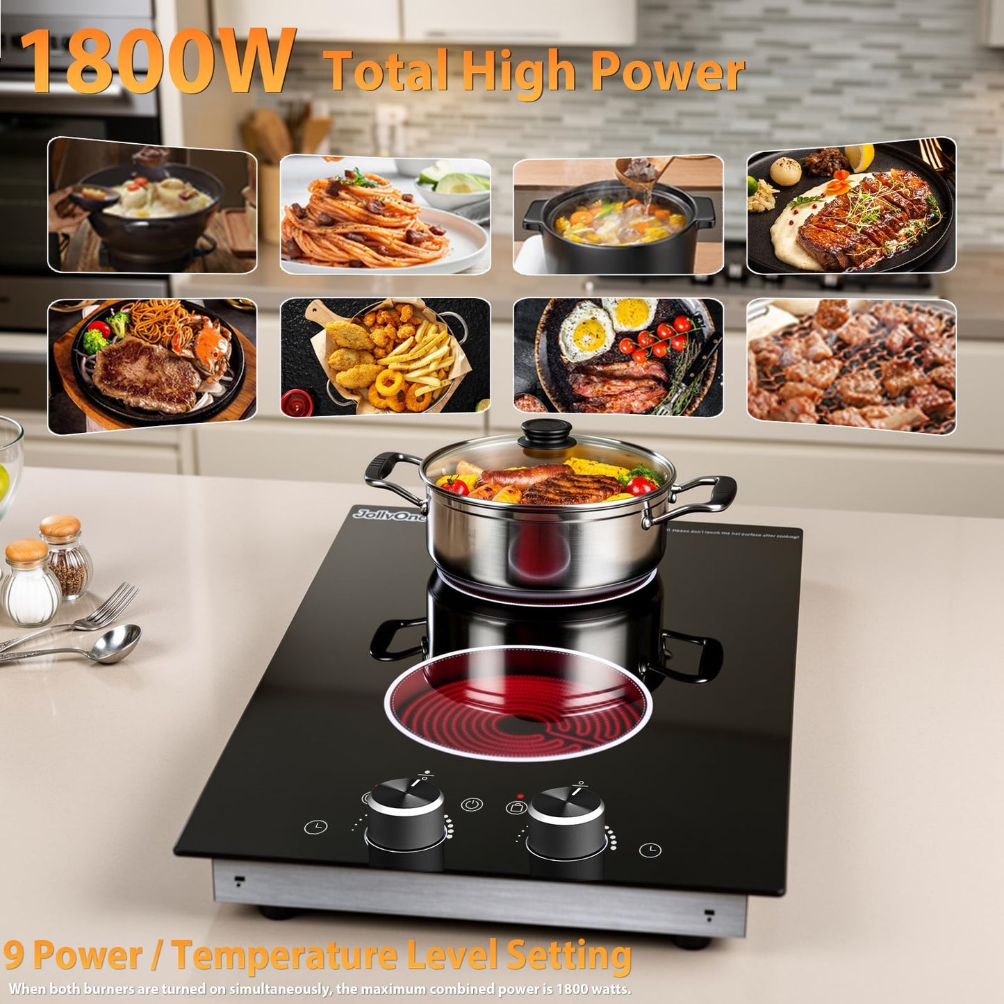 JollyOne 2 Burners Electric Cooktop 12 Inch, 1800W Knob Control Electric Stove Top Burner Hot Plate, 110V-120V Bulit-in & Countertop Ceramic Radiant Stove with Timer, Multi-Ring Control