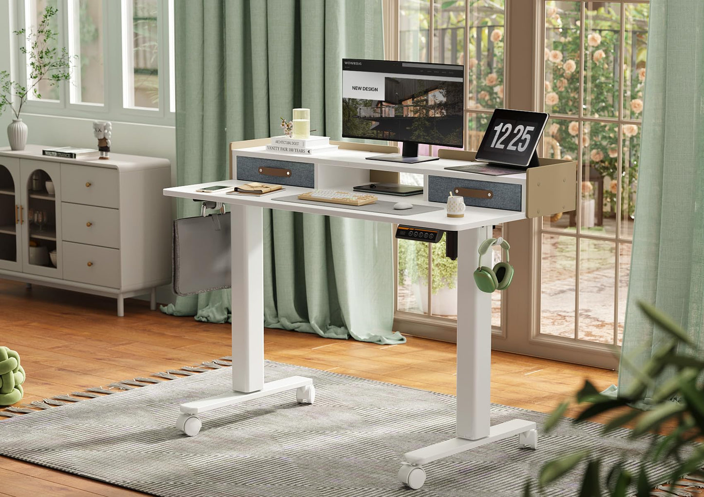 YDN Electric Standing Desk, Adjustable Height Stand up Desk, Sit Stand Home Office Desk with Splice Board, 48x24 Inches, White Top with Shelf