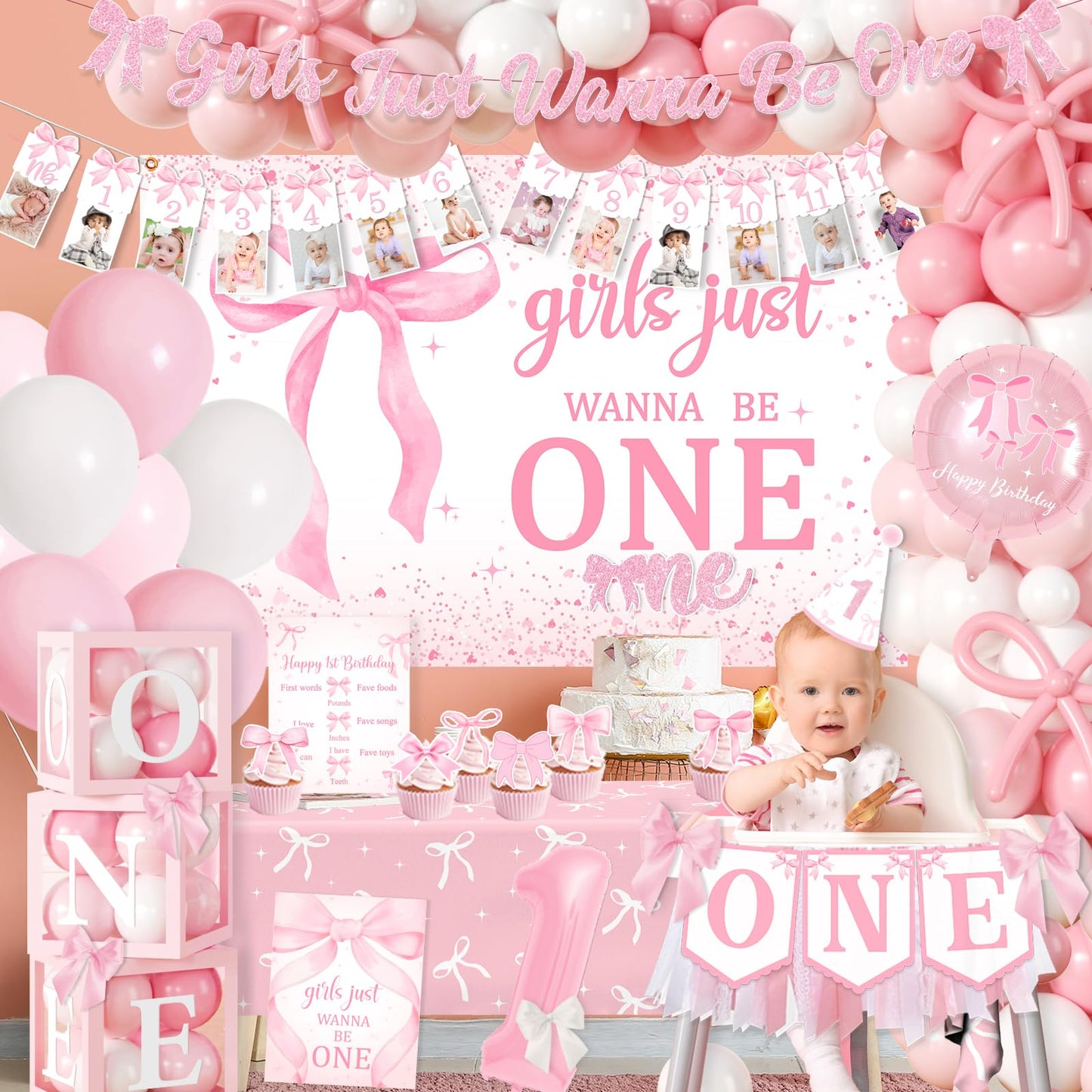 Pink Bow 1st Birthday Decorations, Girls Just Wanna Be One Birthday Decorations Kit Include Pink White Balloon Arch,Backdrop,Banner,Balloon Boxes,High Chair Banner,Bow Tablecloth,Bow Cupcake Toppers