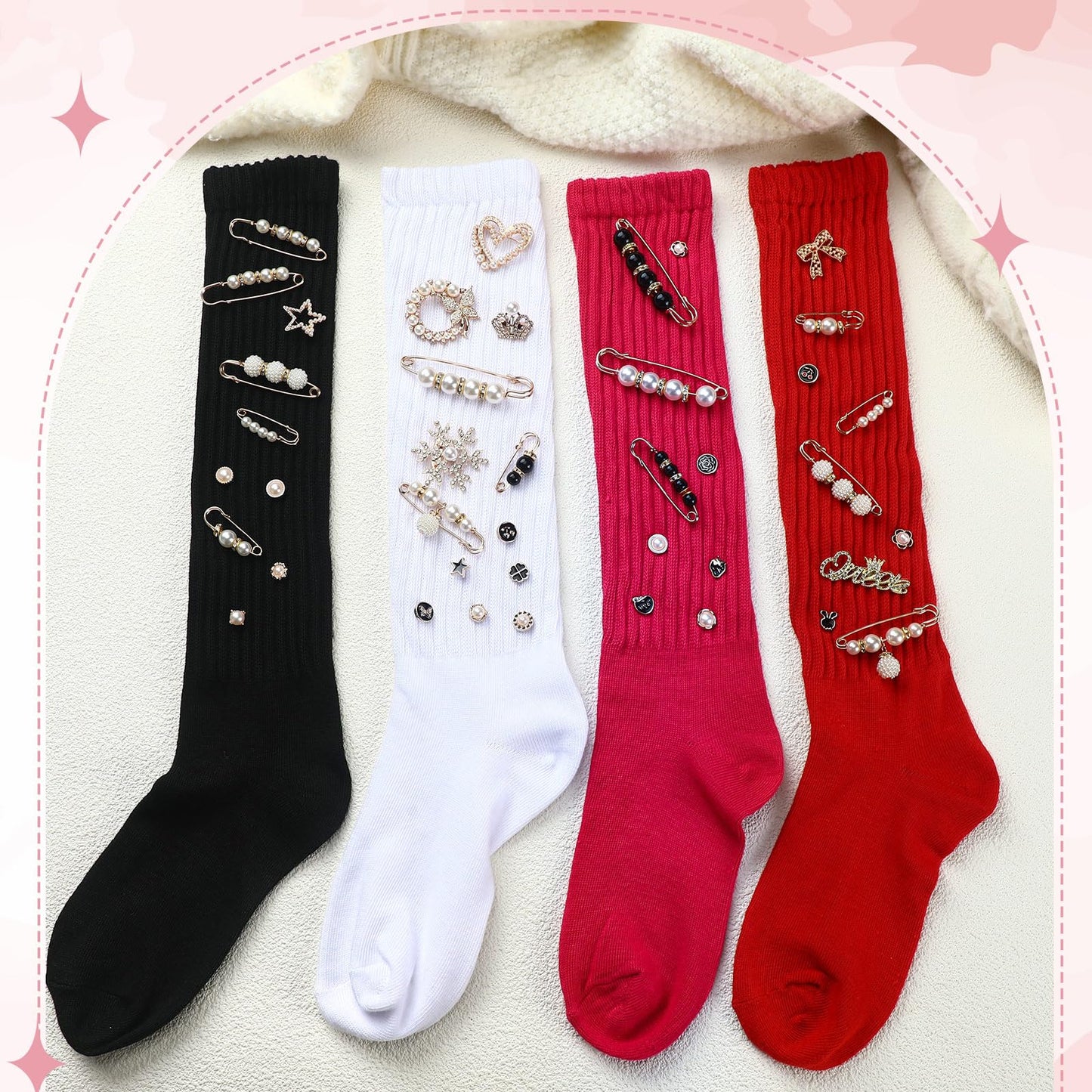 Cutecrop 41 Pcs Sock Charms Kit with 4 Pairs Slouch Socks for Women, Jewelry Charms Pins Brooches for Women, Pearl and Rhinestone with Safety Pins, DIY Accessories for Decorating Shoe Sneakers