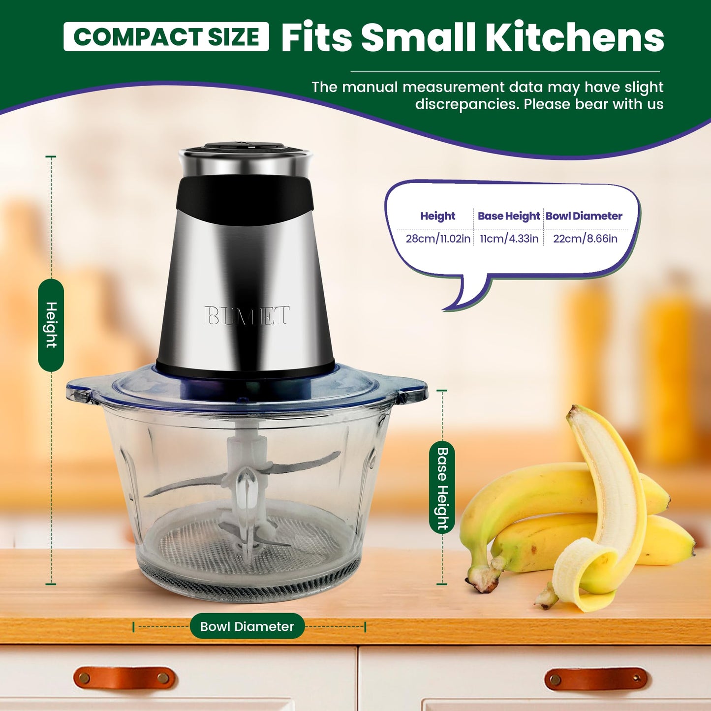 BUMET Electric food processor vegetable chopper 500W 2x8cup bowls 2 bi-layer 4 blades Small Food chopper Electric Meat grinder for home use,Mincing, and Puree for kitchen aid, baby foot, pet food