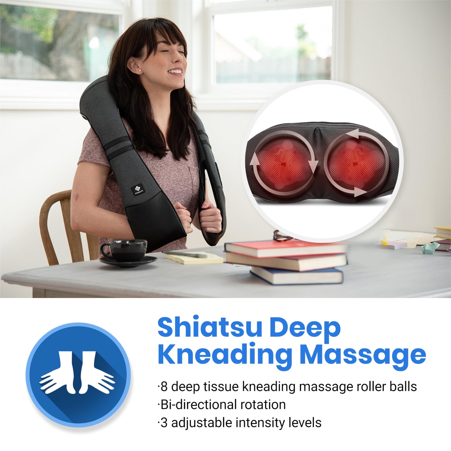 Etekcity Cordless Neck & Back Massager with Heat, Deep Tissue Shiatsu, Rechargeable Shoulder Pain Relief Wearable, 8 Nodes, 3 Intensities, Bi-Directional, 180-Min Battery, Soft PU Leather, Best Gift