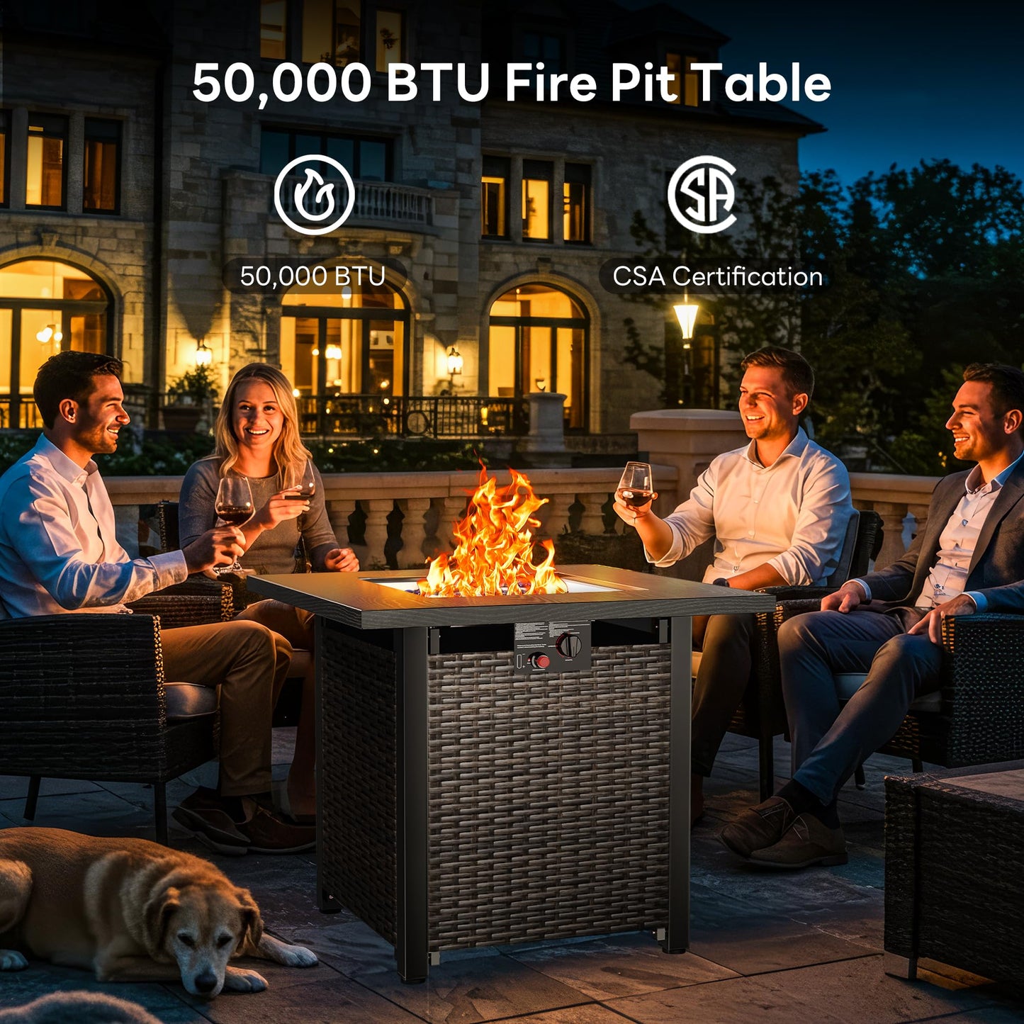 28” Outdoor Propane Fire Pit Table, 50,000 BTU Square Rattan Gas Fire Pit with Lid & Blue Crystal Stones, Steel Tabletop, Adjustable Flame, 4-in-1 FirePit Table for Patio, Backyard, Outdoor Gatherings