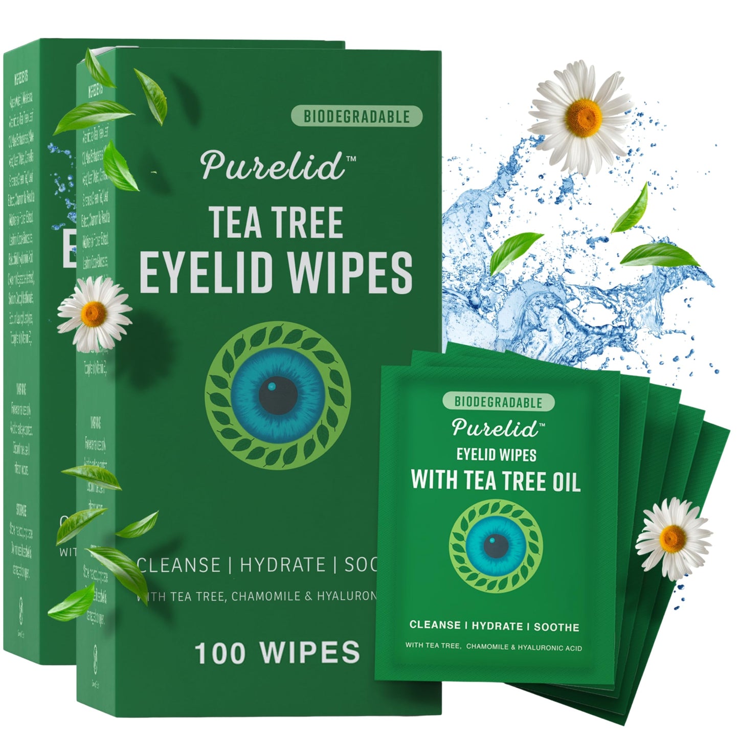 PURELID 200 PCs Tea Tree Eyelid Wipes â Cleaning Eye Wipes for People with Dry Eyes â Gentle Eyelid Cleanser with Hyaluronic Acid, Chamomile and Aloe â Individually Wrapped & Biodegradable - 2 pack