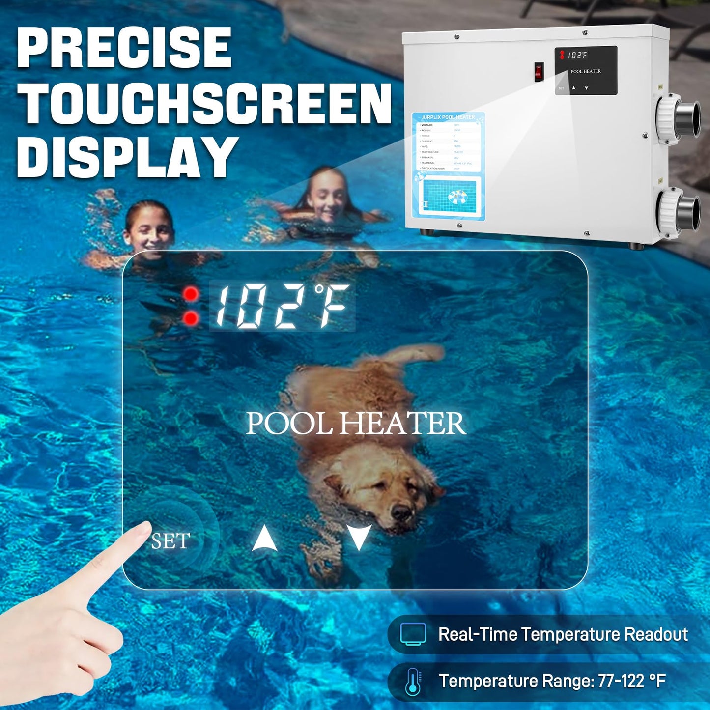 JURPLIX 11KW 220V 50A Electric Pool Heater for Swimming Pool, Hot Tub & Spa Heater with Digital Touch Screen Thermostat, Efficient Water Warmer, Above Inground Pool & Ground Pool