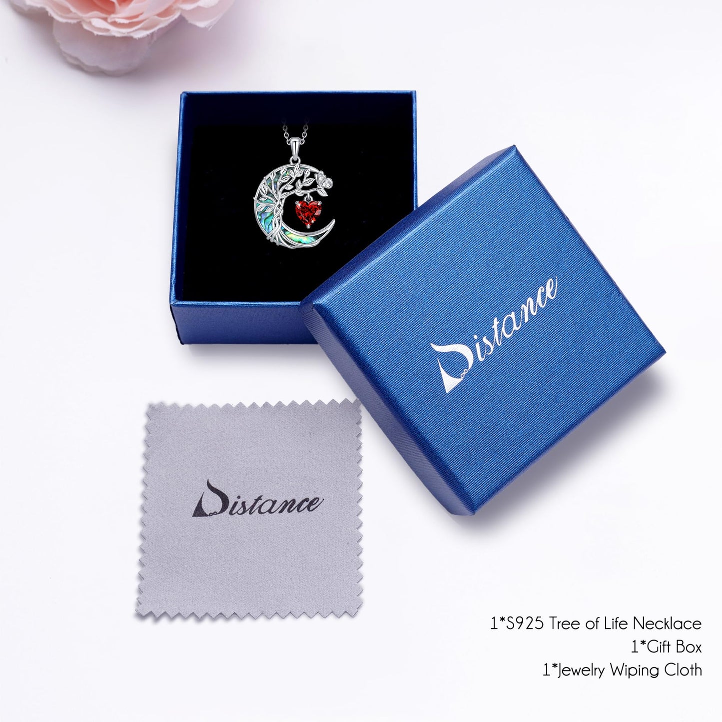Distance Tree of Life Birthstone Necklace for Women, S925 Sterling Silver Premium Abalone Shell Moon Pendant April Heart Birthstone Necklace, White Jewelry Christmas Birthday Gifts for Her Mom Wife