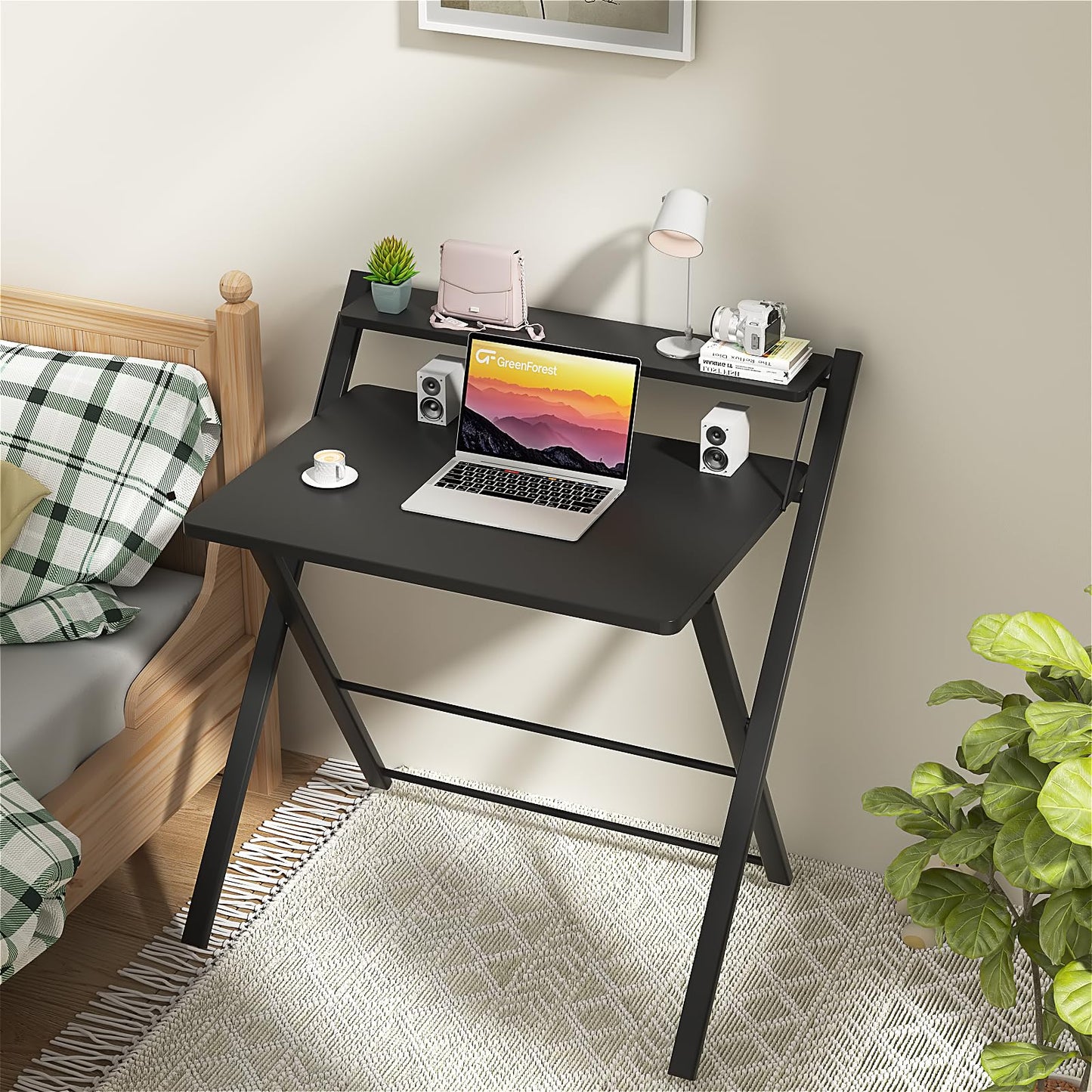 GreenForest Folding Desk No Assembly Required Small Size, 2-Tier Foldable Computer Desk with Shelf for Home Office, Space Saving Portable Laptop Study Foldable Table for Small Spaces, Black