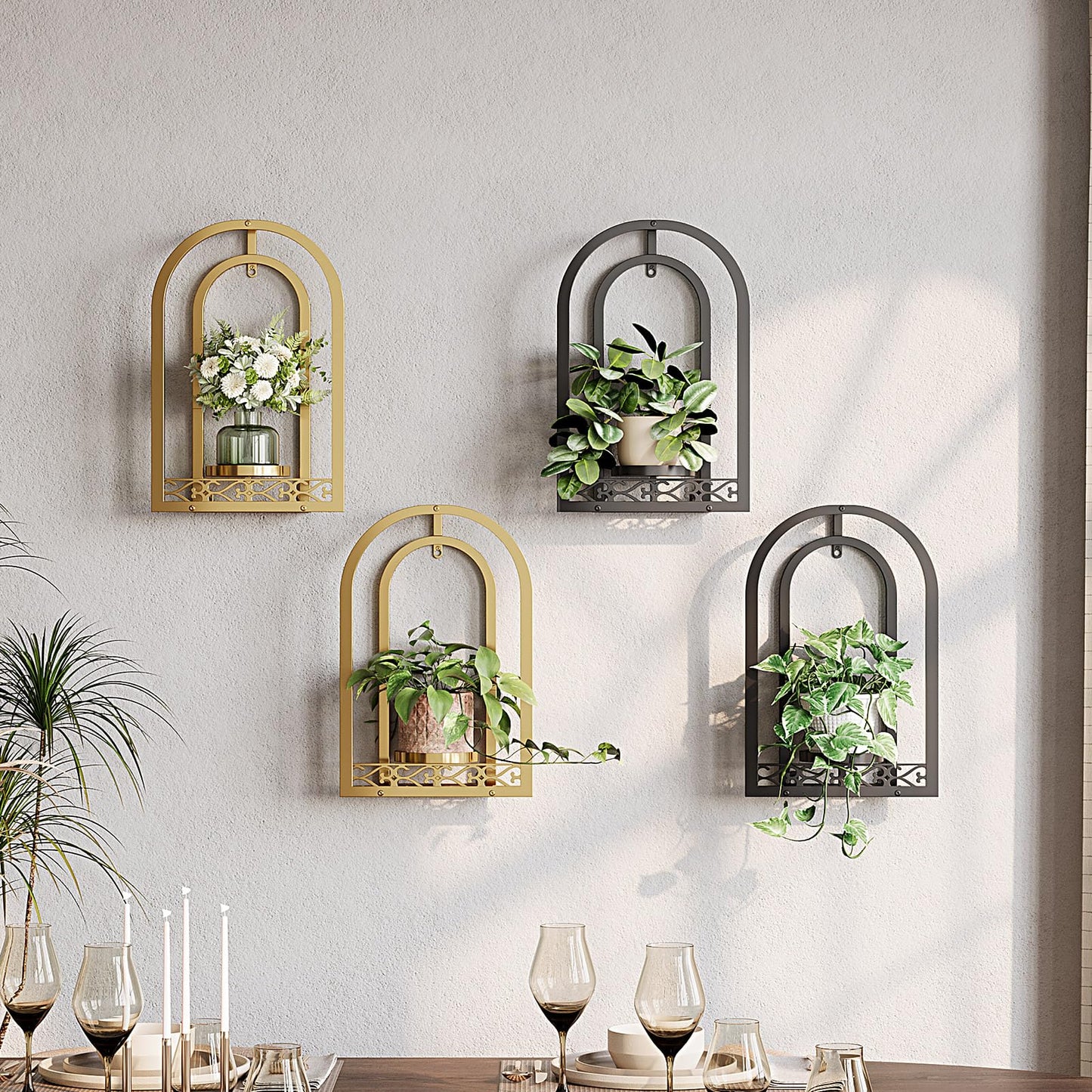 Rioneta Hanging Planter for Indoor & Outdoor Plants, Mid Century Modern Iron Frame Wall Decor for Living Room Garden Patio 3 Pack Black(No Light)