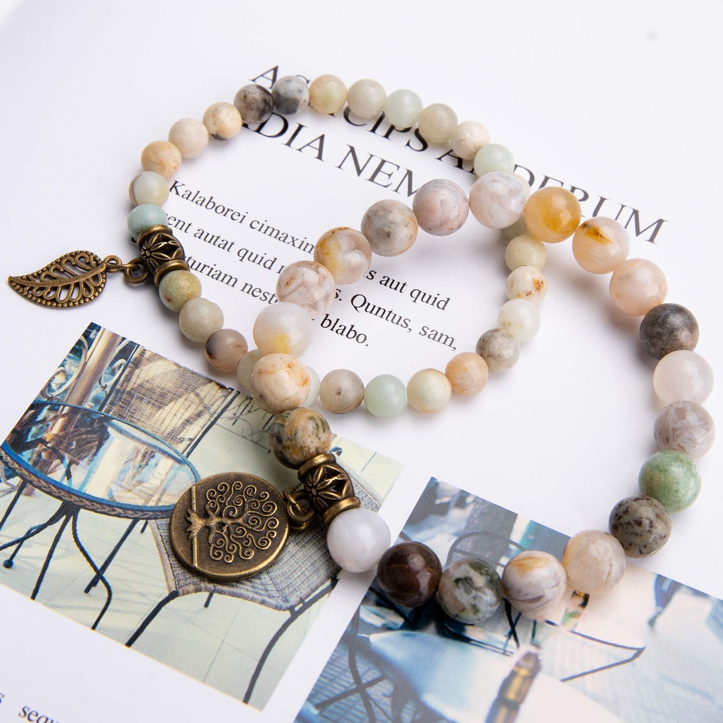 Bivei Natural Semi Precious Gemstone Beads Bracelet for Women - Life Tree and Leaf Charm Chakra Energy Anxiety Stretch Bracelets (Amazonite Beads)