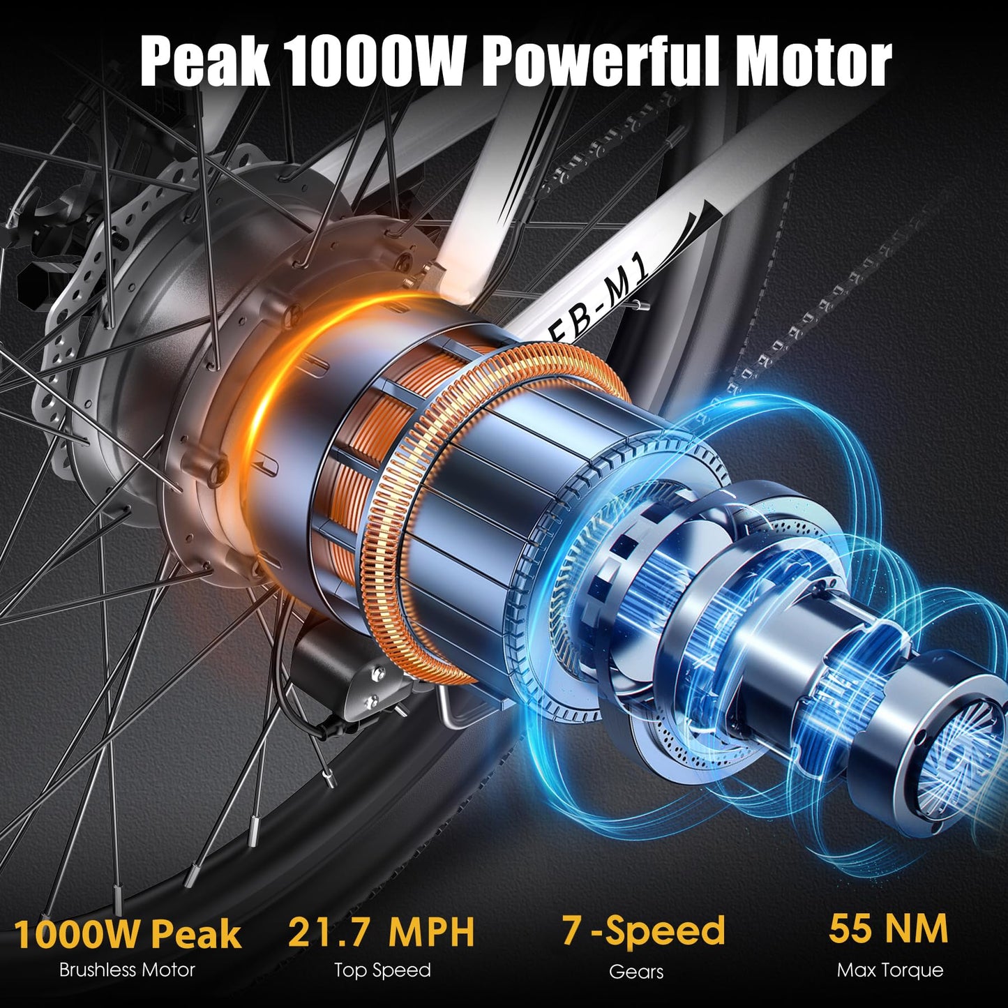 Funhang Electric Bike for Adults, 1000W Peak Ebike, 50Miles 21.7MPH Electric Mountain Bike, 26" Adult Electric Bicycle with 48V Removable Battery, Fenders,7 Speed, Front Suspension, UL 2849 Certified
