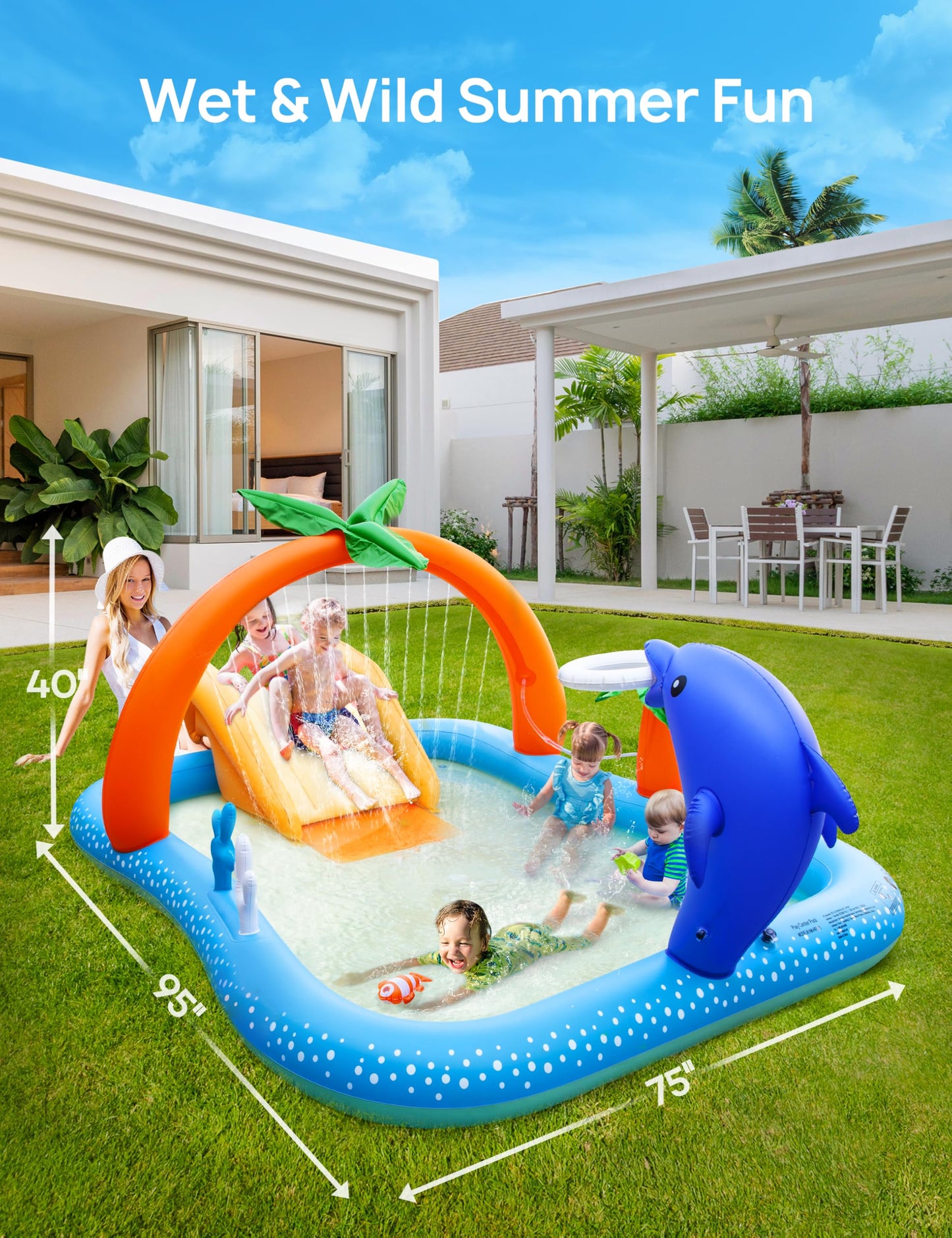Kiddie Pool with Slide Inflatable Play Center Wading Lounge Kids Pool, Coconut Palm Sprinkler, Water Game Play Center, 95''x75''x40''