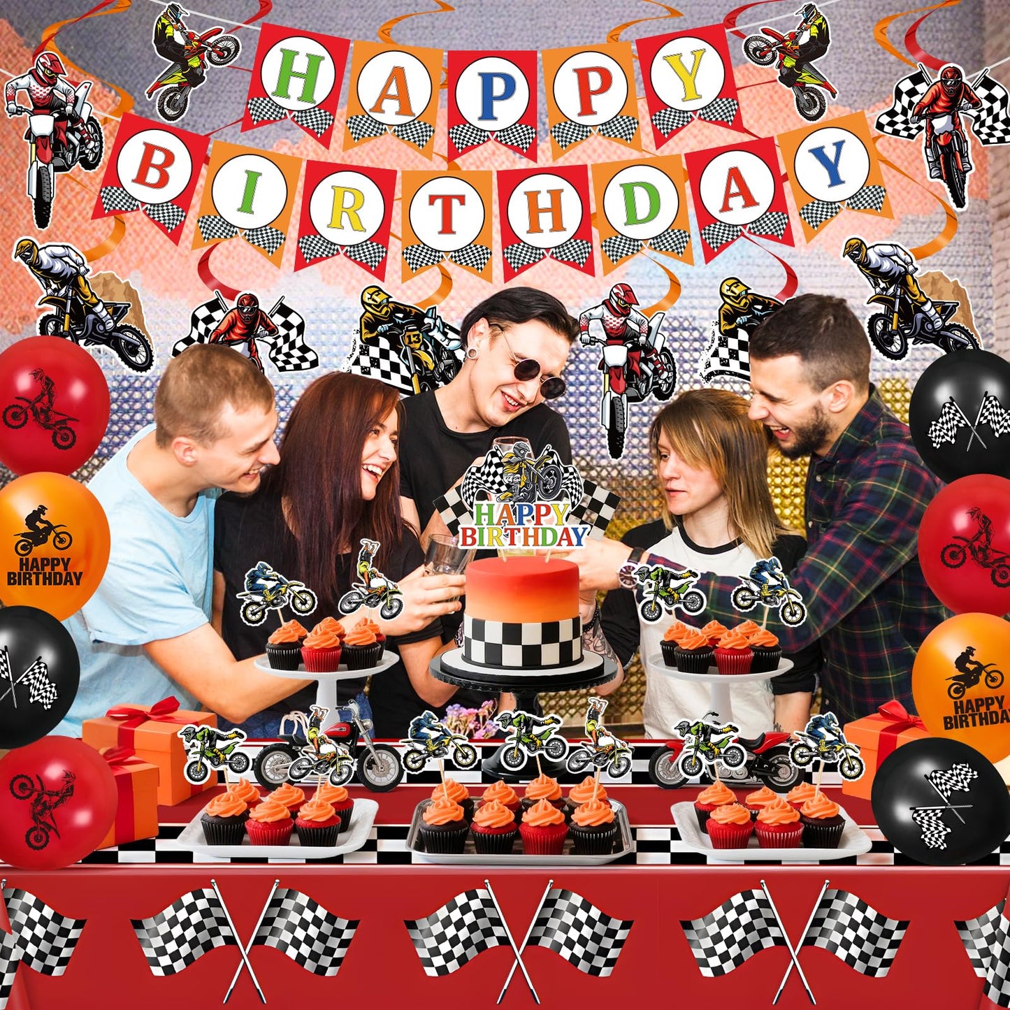 Dirt Bike Party Decorations Kit Motorcycle Theme Happy Birthday Banner Balloons Dirt Bike Hanging Swirls Tablecloth Cake Cupcake Toppers Decor for Boys Men Dirtbike Birthday Party Favors Supplies