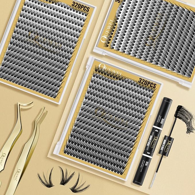 QUEWEL Lash Clusters 320Pcs Cluster Lashes 50D D Curl Lash Cluster Eyelash Extensions Mix9-16mm Individual Eyelashes Clusters Wispy Lash Clusters Thin Band Soft to Use at Home(50D D Mix9-16)