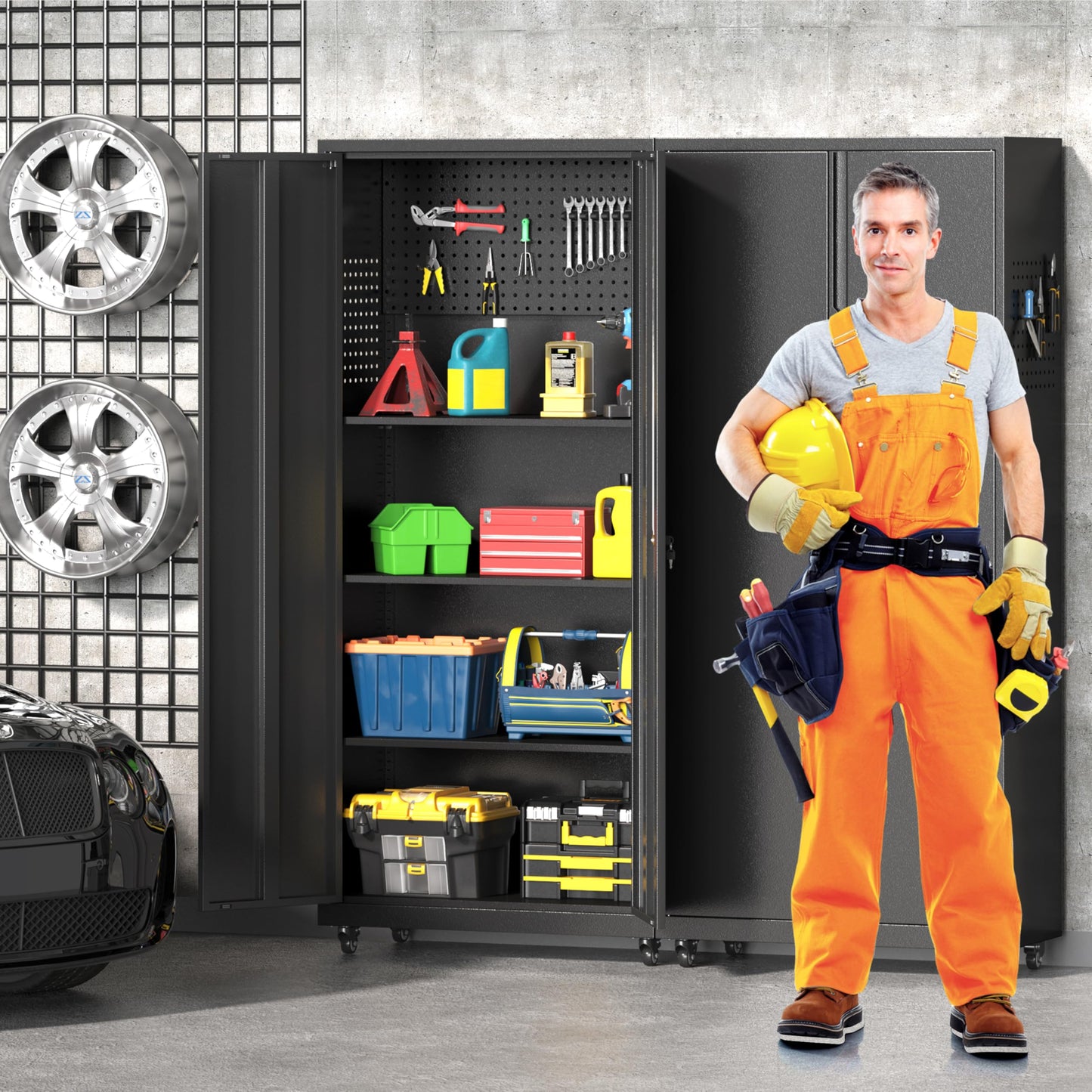 Metal Garage Storage Cabinet with Wheels, 71"H Tool Storage Cabinet with Doors and Adjustable Shelves, Locking Garage Cabinets and Storage System for Utility Home, Warehouse, Workshop, Basement