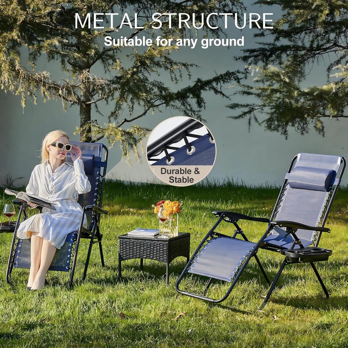 Sweetcrispy Zero Gravity Chairs, Set of 4 Portable Recliner Beach Camping Patio Outdoor Folding Lounge Chair with Cup Holder Trays and Adjustable Pillow for Poolside, Garden, Backyard, Lawn (Blue)