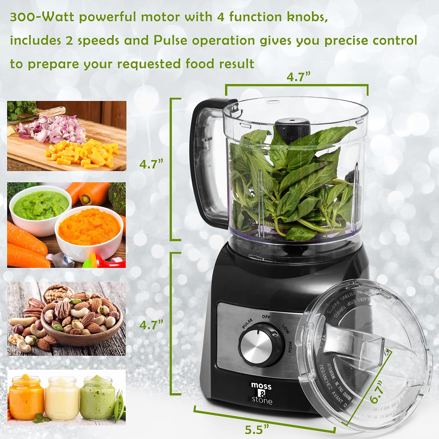 Moss & Stone 3 Cup Mini Food Processor, Strong Vegetable Chopper for Dicing, Chopping, Mincing, & Puree 300 Watts Mini Chopper With 2 Speeds, Perfect Baby Food Processor Black