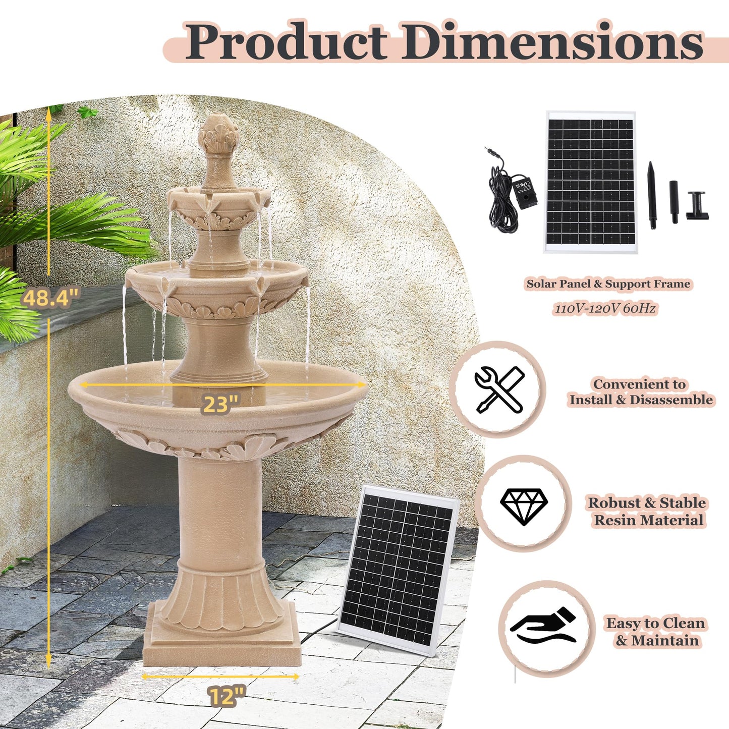 MAGIC UNION Outdoor Solar Water Fountains, 48.4''H Italian Style Garden Fountains and Waterfalls Outside, 3-Tier Large Bubbler Cascading Water Fountain with Pump and Solar Panel for Home Yard Decor