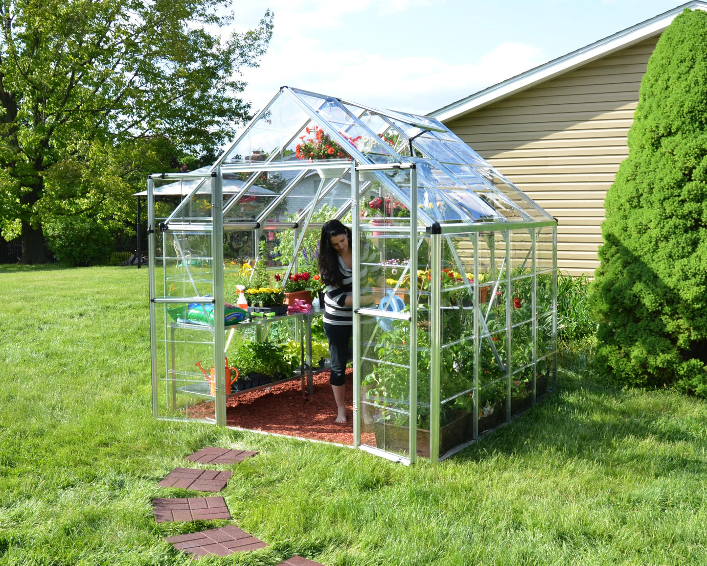 Palram - Canopia Snap & Grow 8 Ft. x 8 Ft. Greenhouse Kit Hobby DIY Walk in Green House Heavy Duty Polycarbonate, Aluminium Frame, with Lockable Door and Vent for Outdoors, Garden, Backyard in Silver