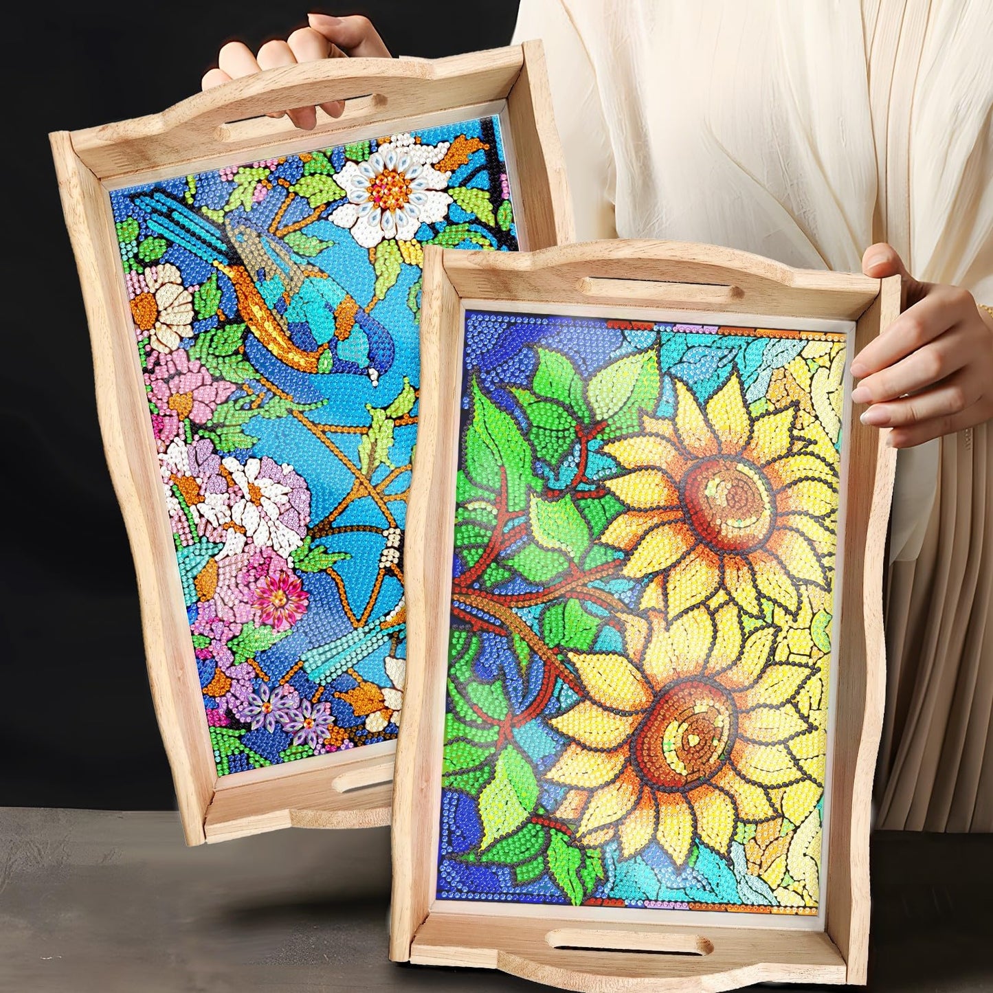 ARTopet DIY Diamond Tray Diamond Art Painting Sunflower Creative Design Handmade Wooden Tray Mosaic Making Kits by Number Kits Diamond Art for Coffee Living Room Home Organizer