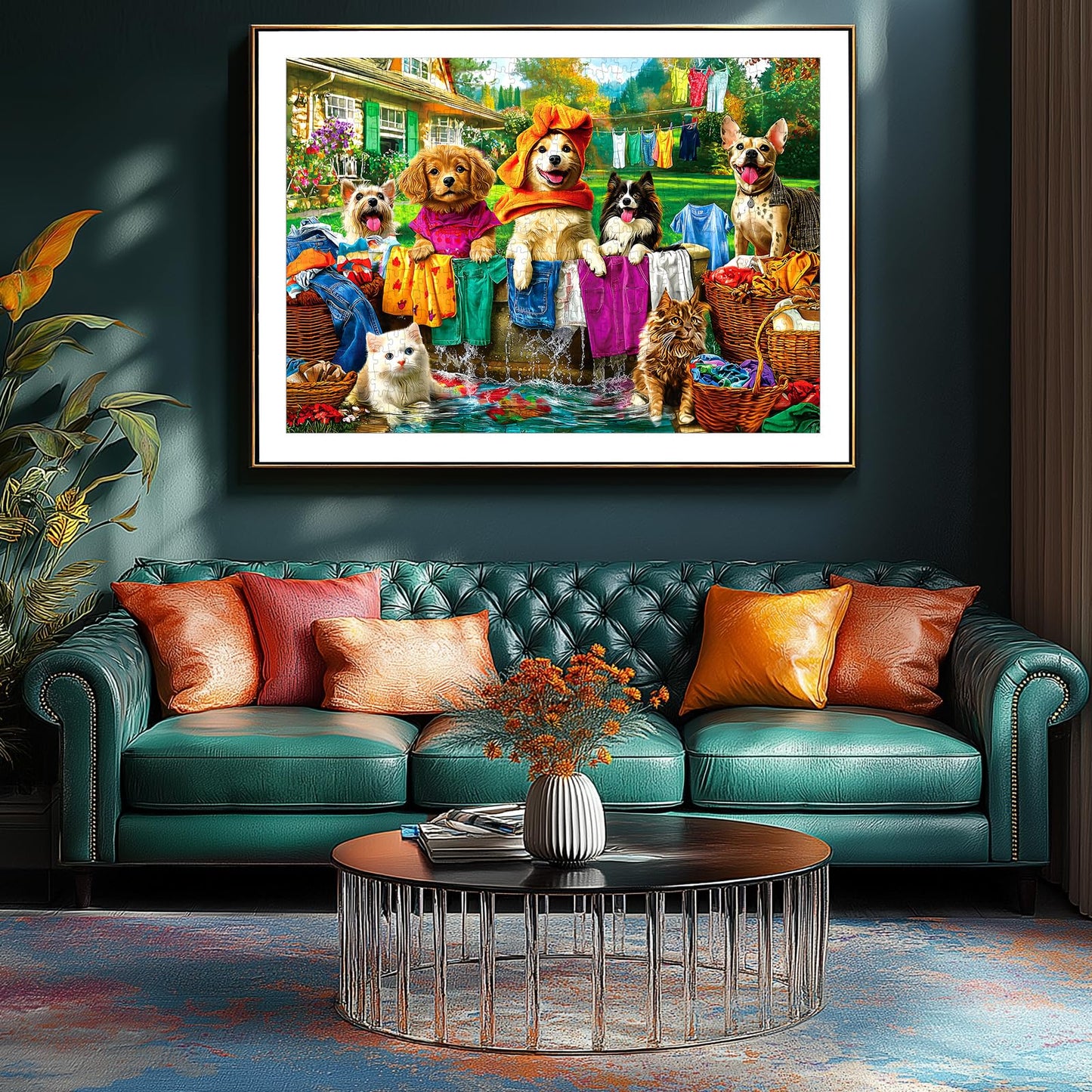 Laundry Day 1000 Piece Puzzle for Adults - Colorful Backyard Scene with Dogs & Cats Pet House Garden Jigsaw Puzzles, Unique & Fun Adult Games for Game Night Gift & Family Activities