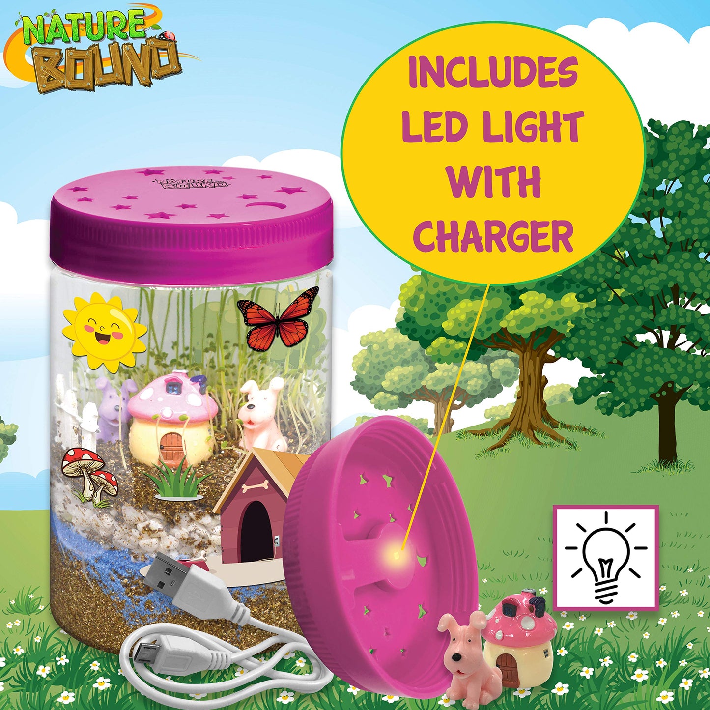 Nature Bound Light-Up Terrarium Kit with LED Light for Kids - Includes Puppy Animal Theme - STEM Science Kit for Boys & Girls - Plant Gardening Gifts for Children (Pink)