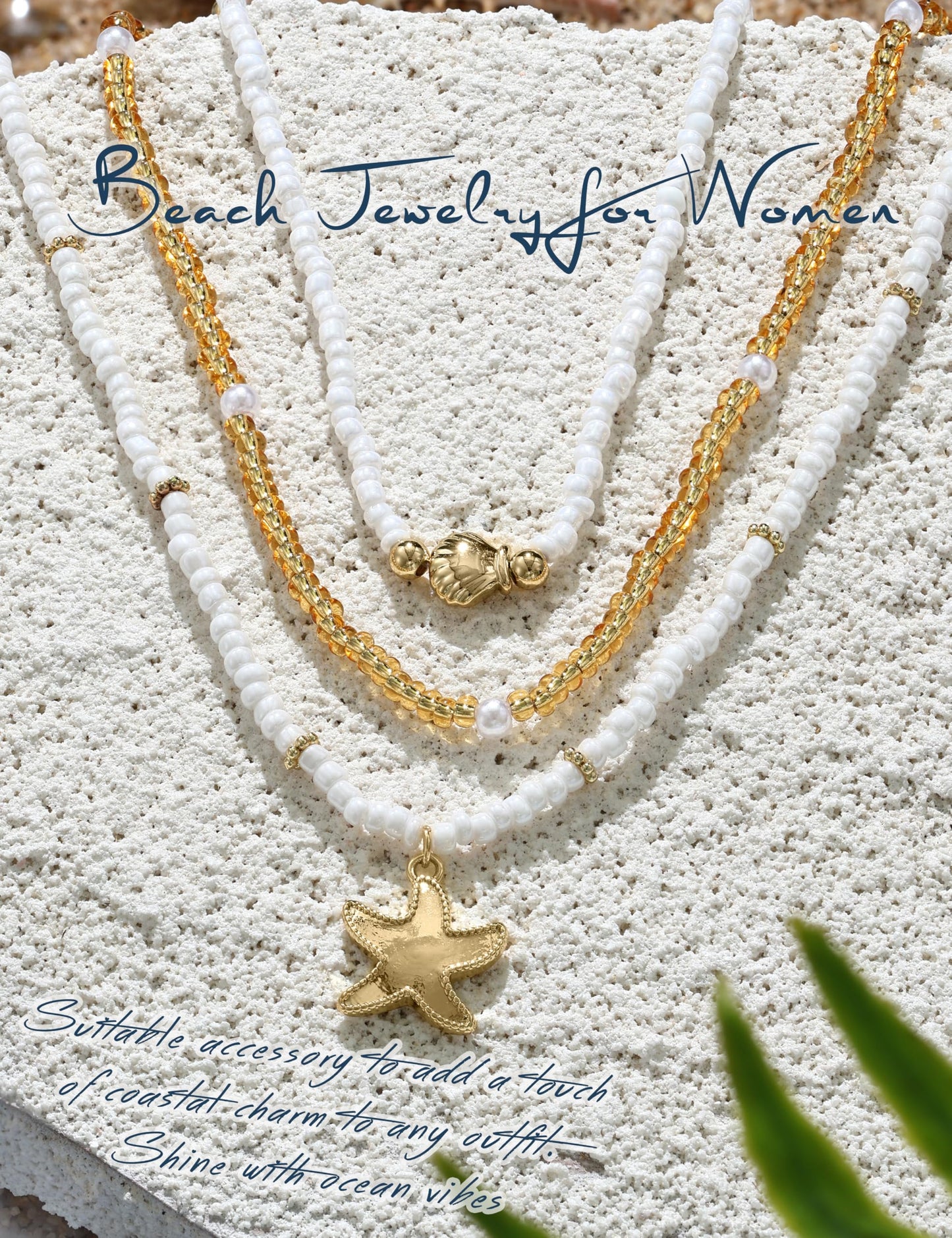 LOYALLOOK Bead Necklace for Women, 14k Gold Plated Dainty Layered SeaShell Starfish Beaded Charm Necklace Stack, Non Tarnish Waterproof Gold Beach Accessories for Summer Vacation 3pcs