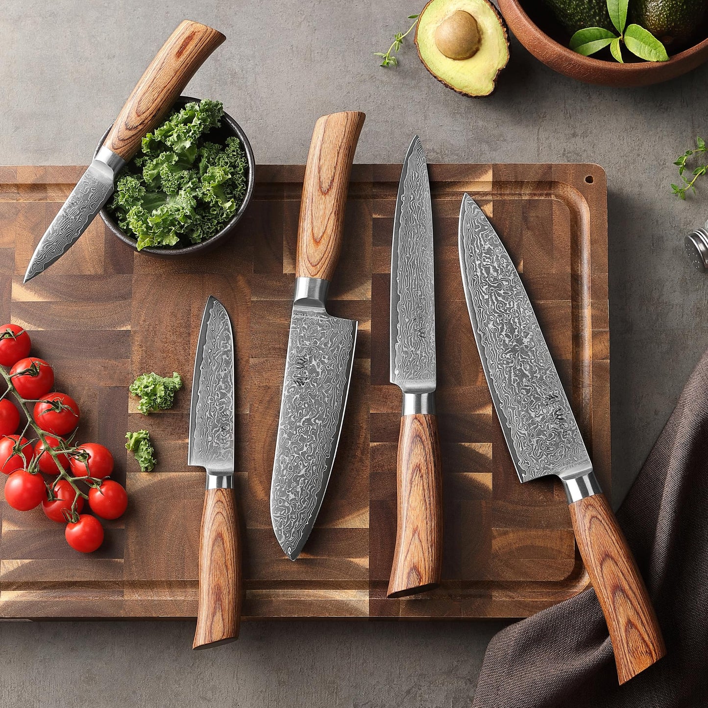 Wakoli EDIB Pro 5-Piece Damascus Knife Set – Professional Chef Knives Set with VG10 Core Blades, 67-Layer Damascus Steel and Ergonomic Pakkawood Handles – Premium Kitchen Knives in Wooden Gift Box