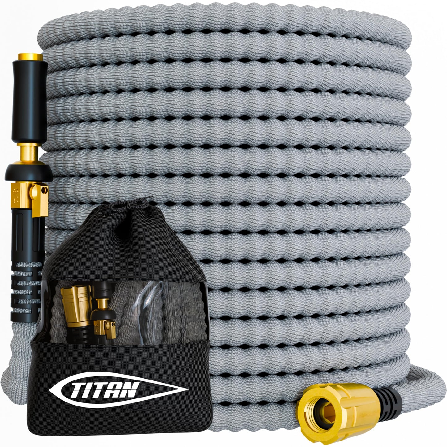 TITAN Flexible Garden Hose 100FT â Ultra Lightweight, Heavy Duty Water Hose with Brass Fittings & Jet Nozzle â Kink-Free, Non-Expanding, Durable Fabric Hose for Yard, Lawn, Car Wash, Outdoor Use