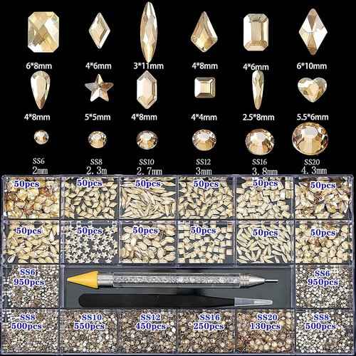 4880Pcs Rhinestones for Nail, AB Champagne Crystal Nail Rhinestones Set, Nail Round Beads Flatback Glass Gems Stones, Multi Shapes Nail Rhinestones for Nail DIY Crafts Clothes Shoes Jewelry
