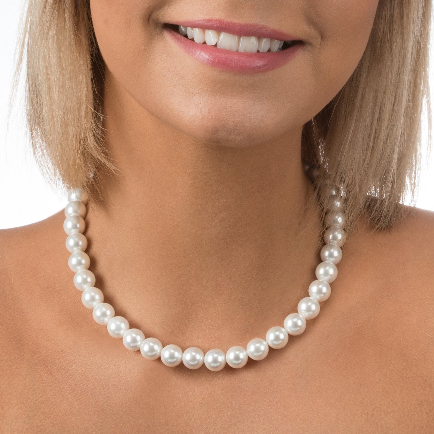 PAVOI 925 Sterling Silver Round White Simulated Shell Pearl Necklace Strand | Pearl Choker Necklace | Jewelry for Women - 16" Length (10mm)