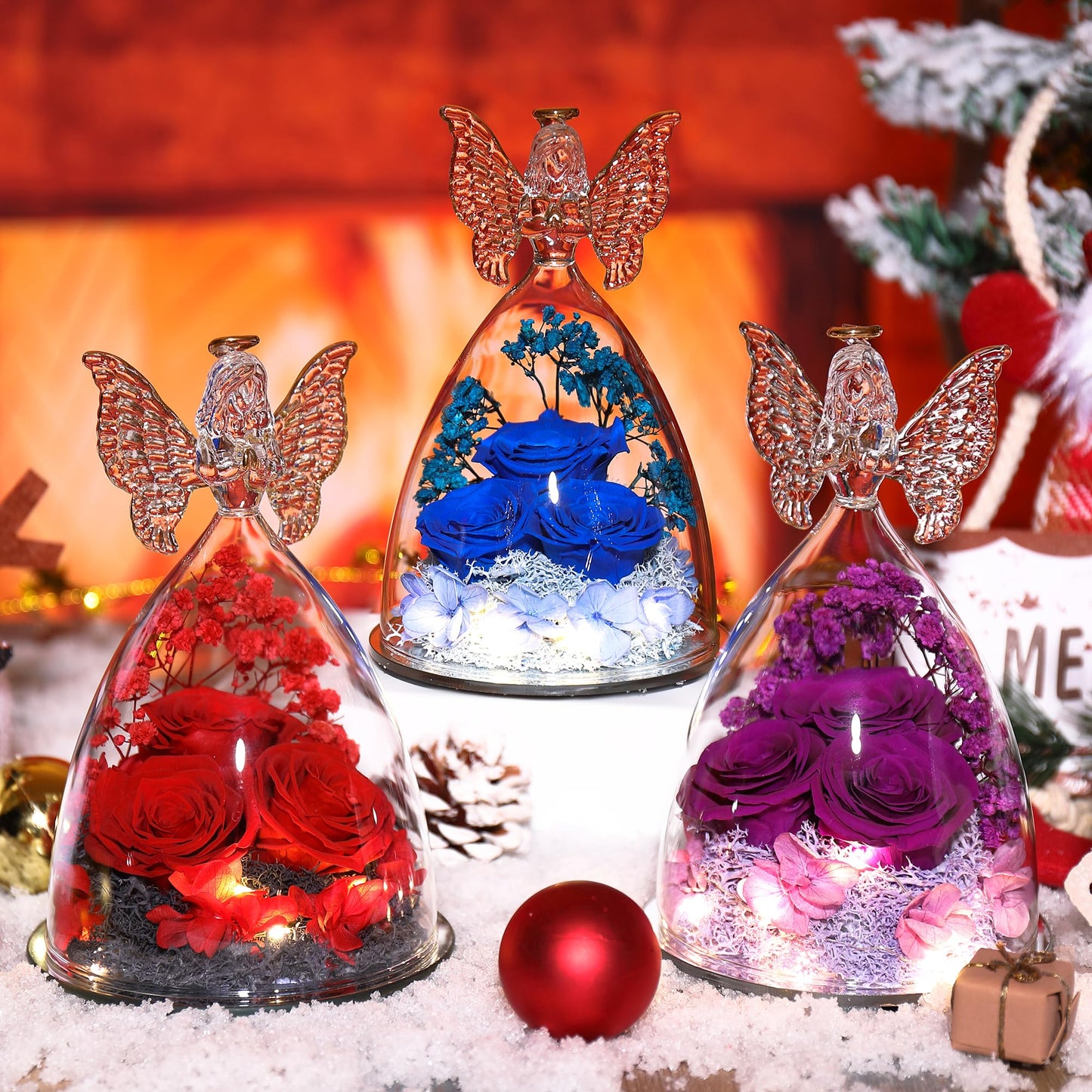 Tiaronics Mothers Day Rose Gifts for Women Preserved Real Flower in Glass Angel Figurines Roses for Delivery Prime Birthday Gifts for Mom Grandma Girlfriend Wife Her, Full Purple