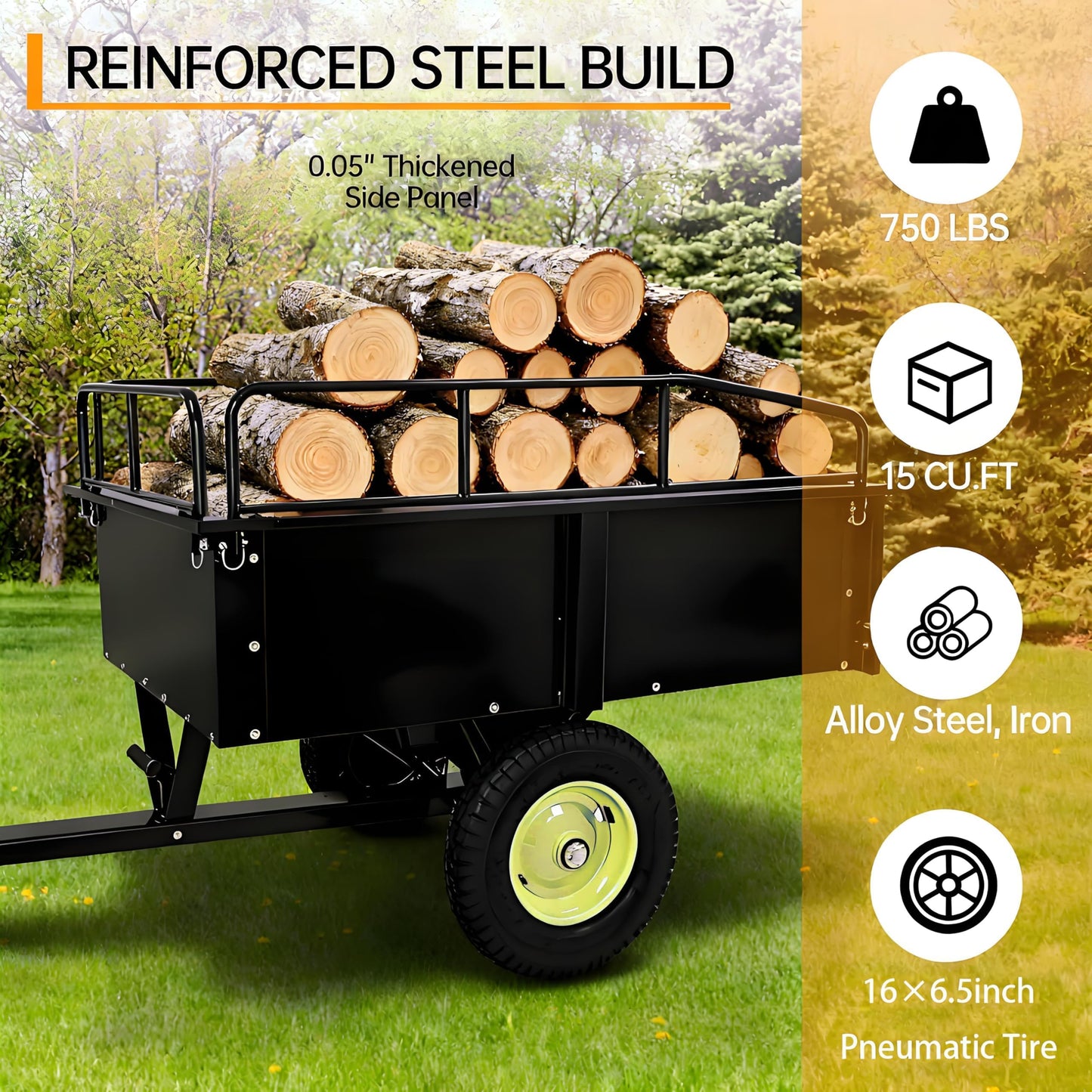 Utility Trailer - 750LBS Capacity Lawn Mower Cart with Removable Sides,15 Cu.Ft Steel Lawn Mower Trailer,Universal Hitch for ATV, UTV, Lawn Tractor, Riding Mower - for Garden, Yard Hauling and Farm