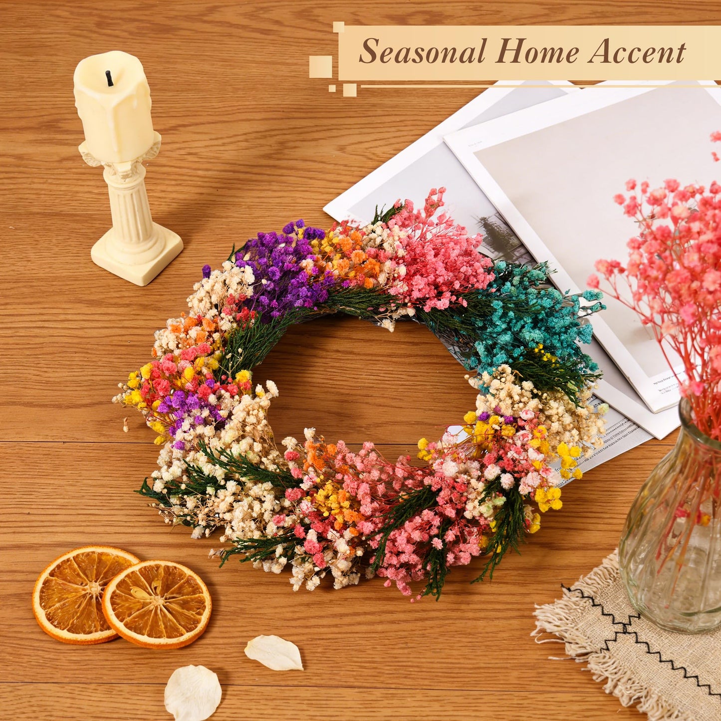 YZXZM 11 Inch Small Dried Flower Wreath – Handmade Baby’s Breath Spring Summer Wreath for Apartment, Nursery, Bedroom, Door & Wall Decor