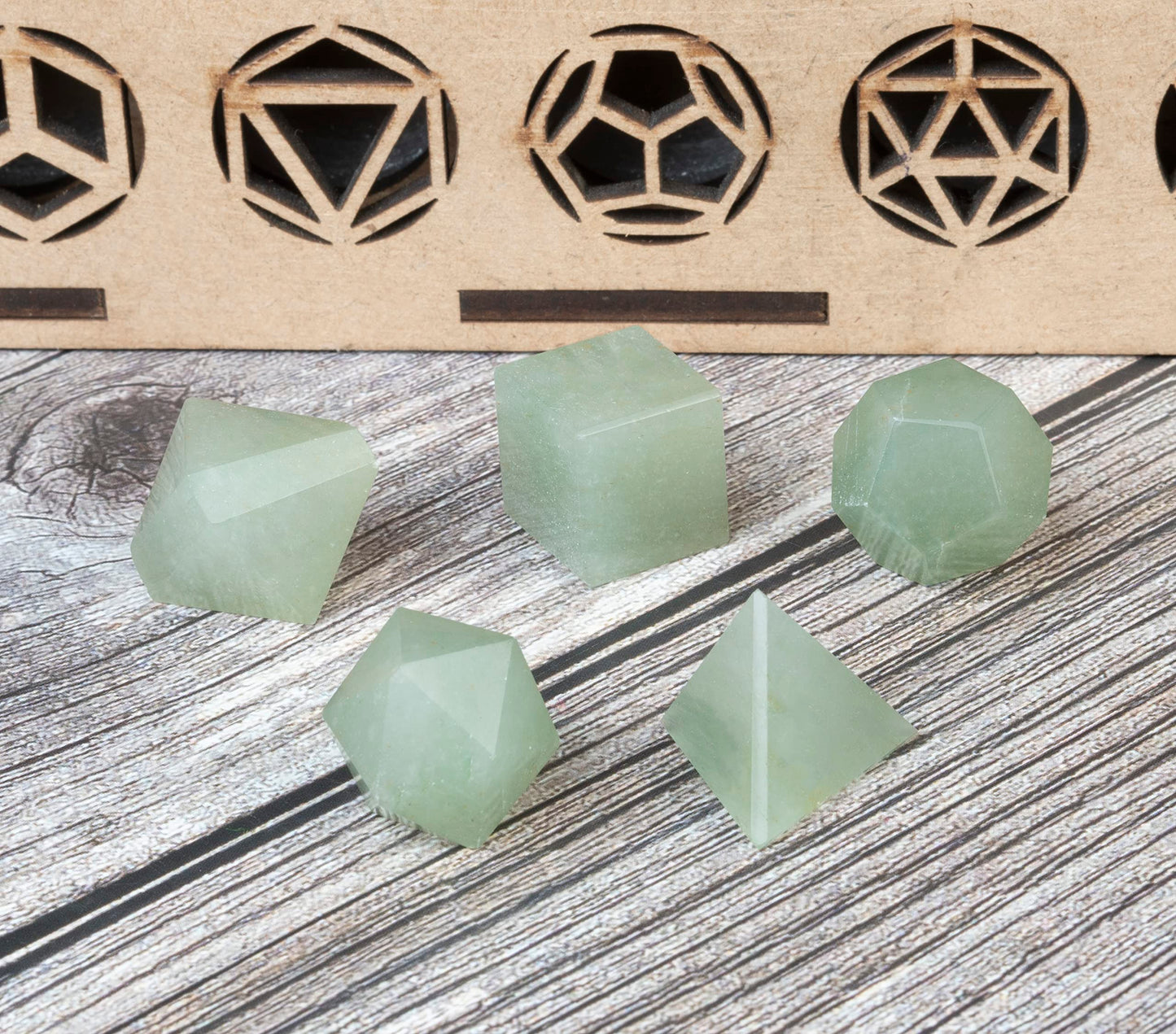 Green Jade Platonic Solids Sacred Geometry Crystal Set – 7 Pcs Carved Gemstone Shapes for Meditation, Reiki, Chakra Balancing Energy Healing | Spiritual Crystal Grid Stones Good Luck Gift (15–20 mm)