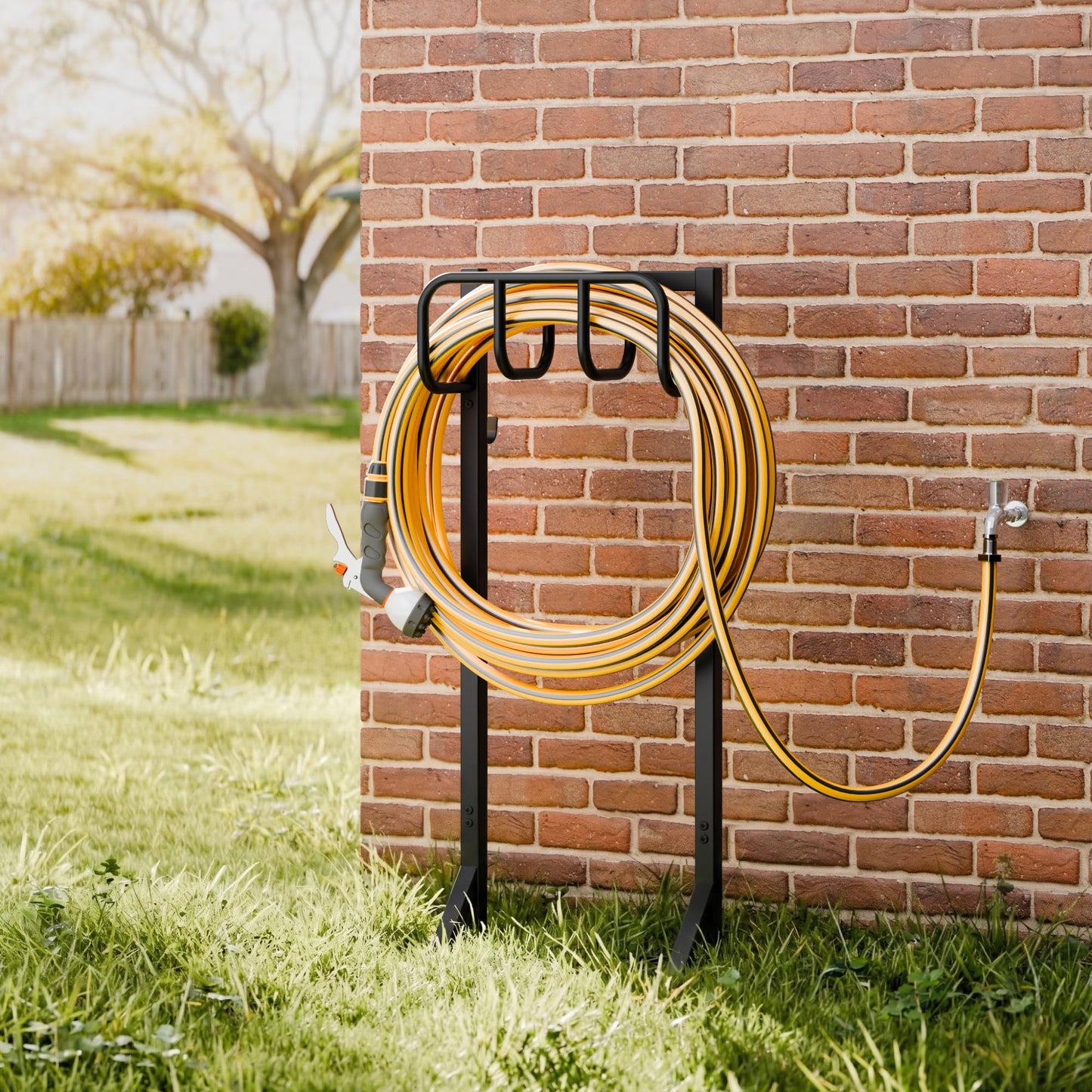 Garden Hose Holder Stand, Freestanding Heavy Duty Metal Hose Holder with Stable Base and Tool Hooks, Rustproof Water Hose Storage Rack for Outside Yard Lawn