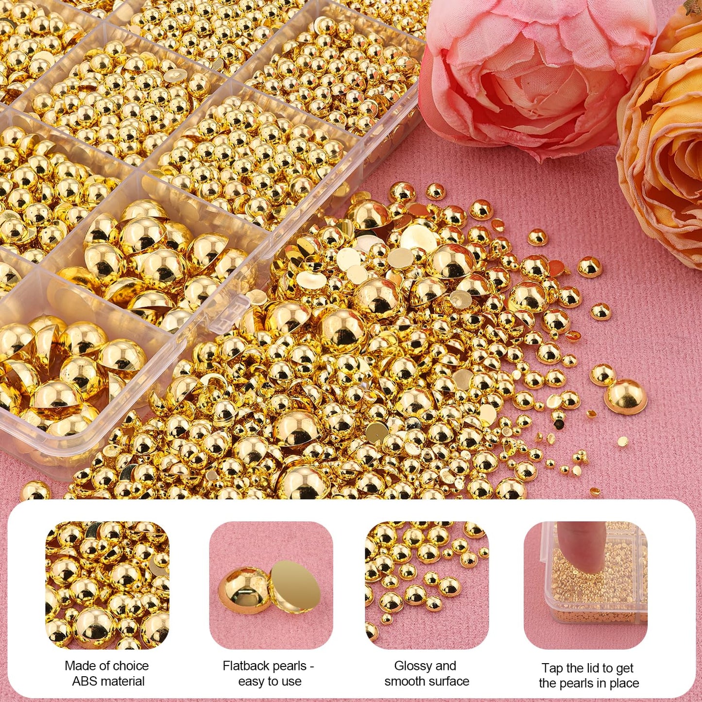 13500Pcs Flatback Pearls for Bedazzling (Gold) with 3Pcs B7000 Jewelry Glue, Assorted Size 2/3/4/5/6/8/10mm Half Pearl, Bedazzling Gems for Crafting Clothing Tumbler Shoes Embellishment Nail Art