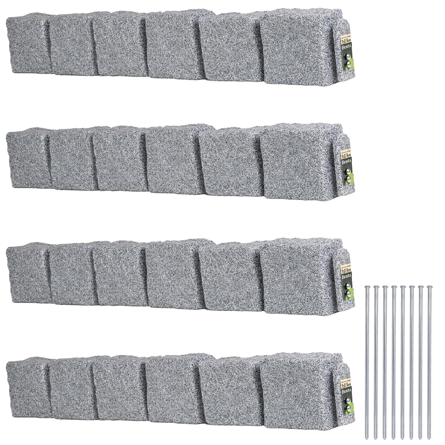 Beuta Landscape Edging | Garden Edging Border | Faux Stone Blocks for Lawn Edging, Flower Beds & Yard Edging â 4 Pack | Each Section Has 6 Blocks 48" L x 4" W x 6.5" H | 8 Spikes | Greystone