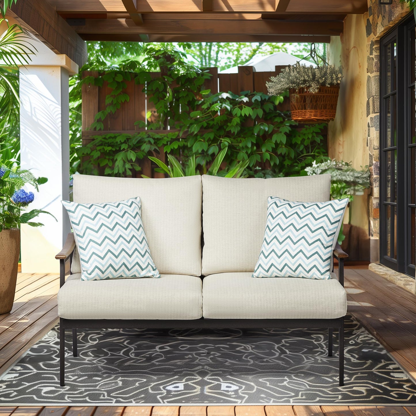NATURAL EXPRESSIONS Patio Loveseat Sofa Outdoor Furniture Metal Chair with Wicker Backrest & 6 Inches Cushion for Indoor, Front Porch, Deck, Balcony, Backyard, 51.77"(L) x 29.75"(W) x 33.86"(H).