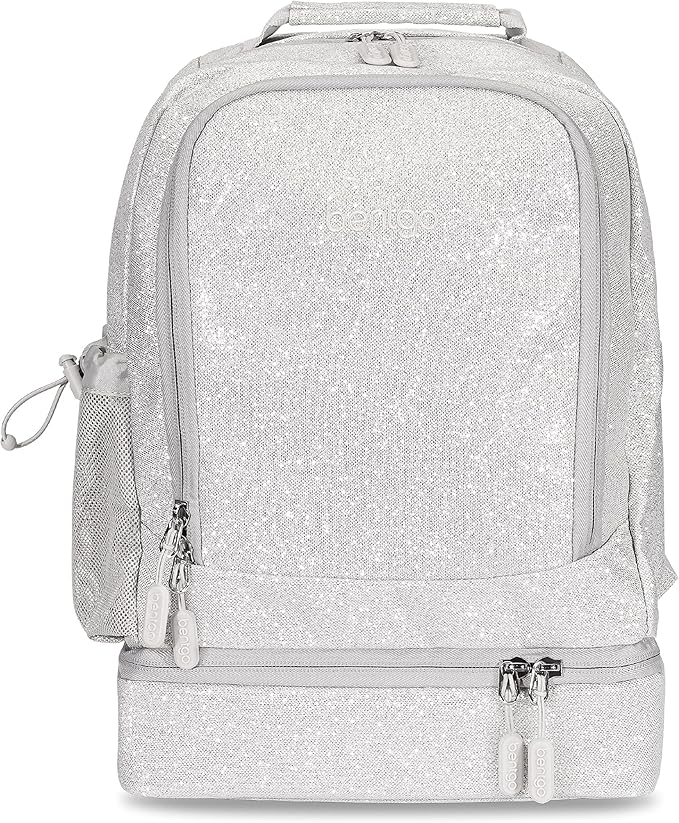 Bentgo Kids 2-in-1 Backpack & Insulated Lunch Bag - Glitter Designed 16â Backpack for School & Travel -, Durable, Water Resistant, Padded, & Large Compartments (Glitter Edition - Silver)