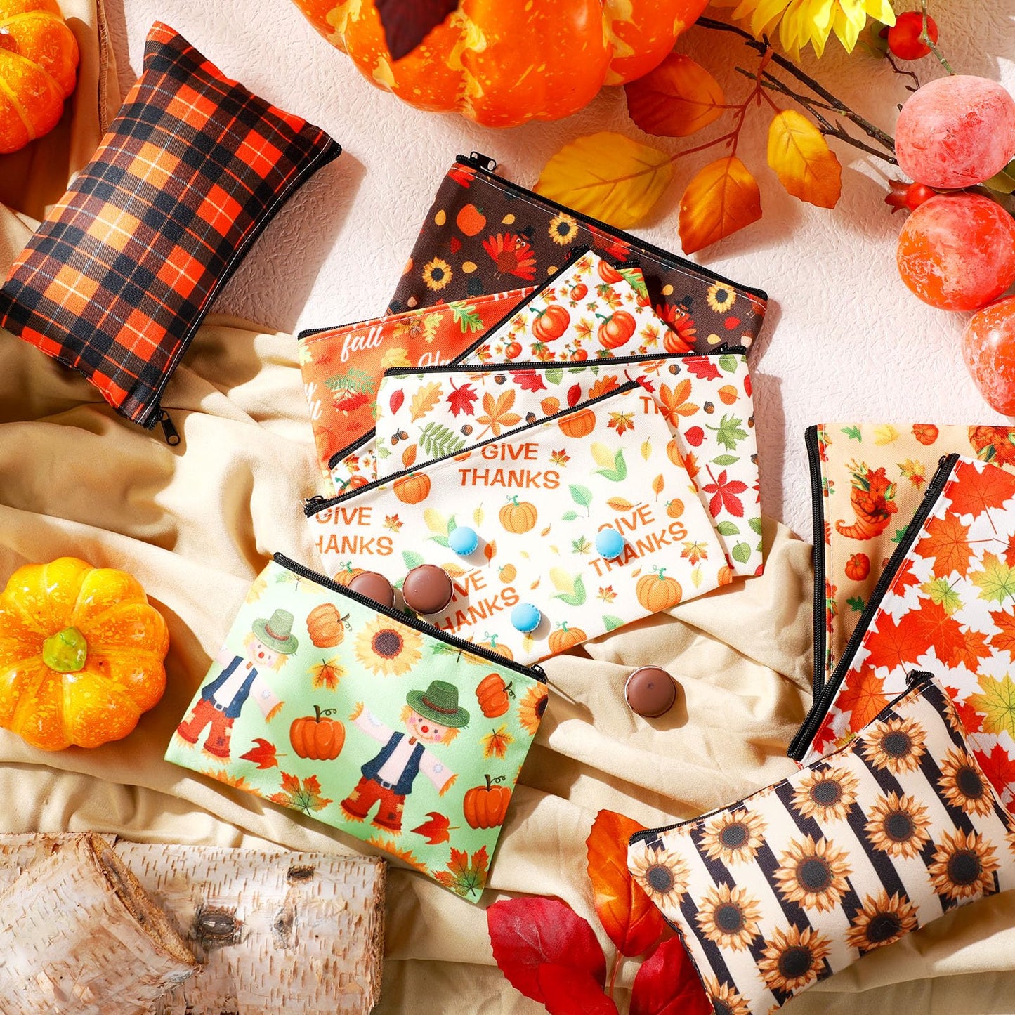 Yahenda 20 Pieces Fall Cosmetic Bags for Women Gifts Pumpkin Sunflower Autumn Maple Leaf Makeup Bags Thank You Gifts for Thanksgiving Day Birthday Party Favor