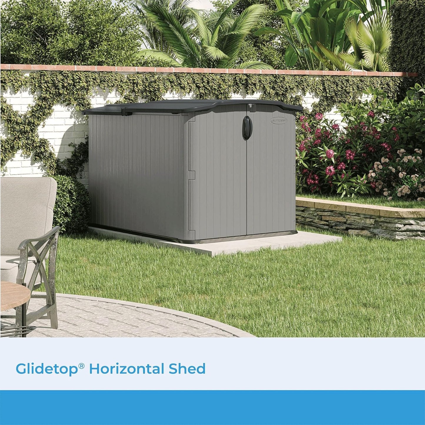 Suncast 138 Cu Ft Horizontal Outdoor Storage Shed, 57.5"x79.75"x52" Glidetop Outdoor Shed with Sliding Lid, Resin Storage Sheds with Floor for Bikes, Motorcycles, & Lawn Mower, Made in The USA