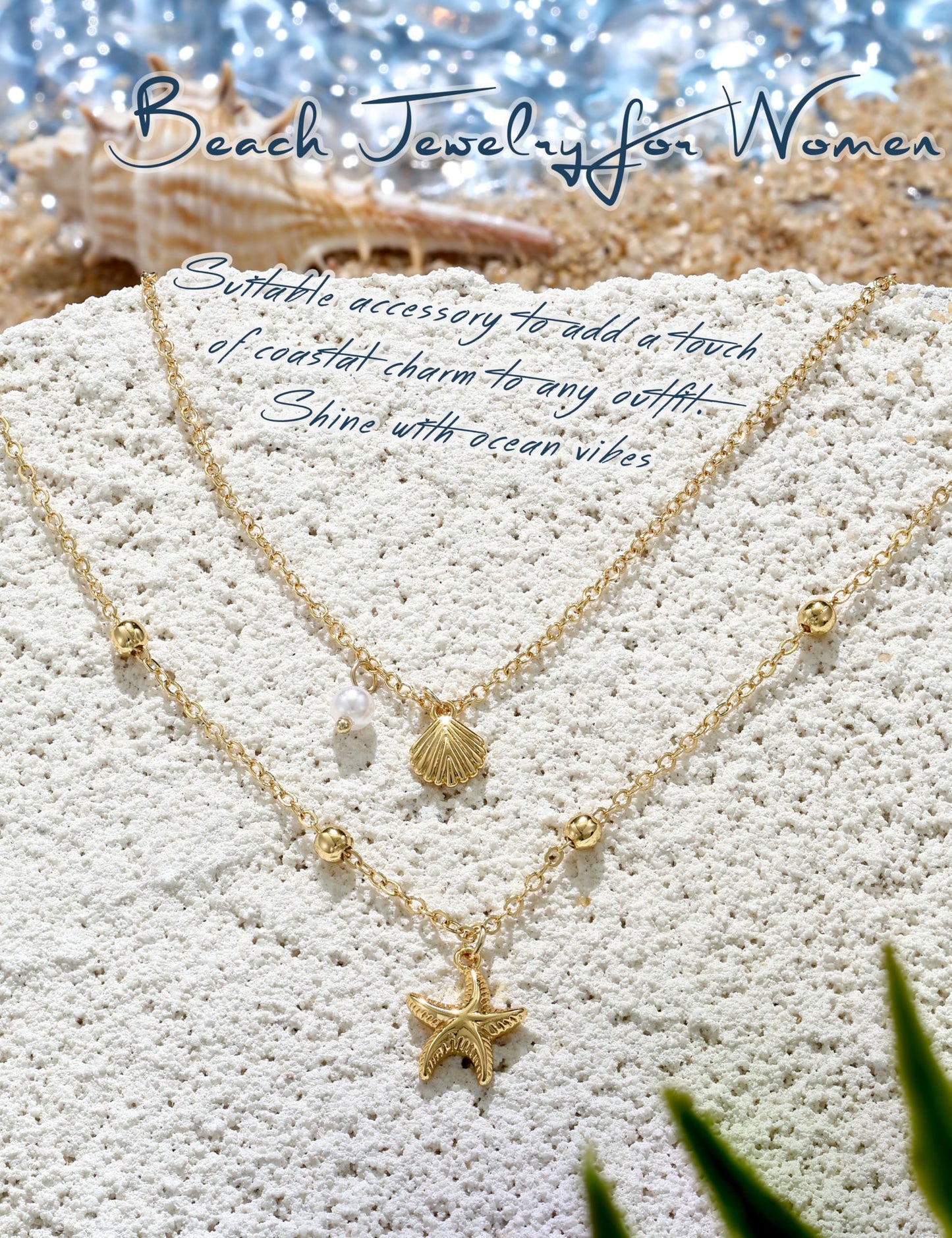 LOYALLOOK Shell Starfish Necklace for Women, 14k Gold Plated Dainty Layered SeaShell Starfish Charm Necklace Stack, Non Tarnish Waterproof Gold Beach Accessories for Summer Vacation ZZ