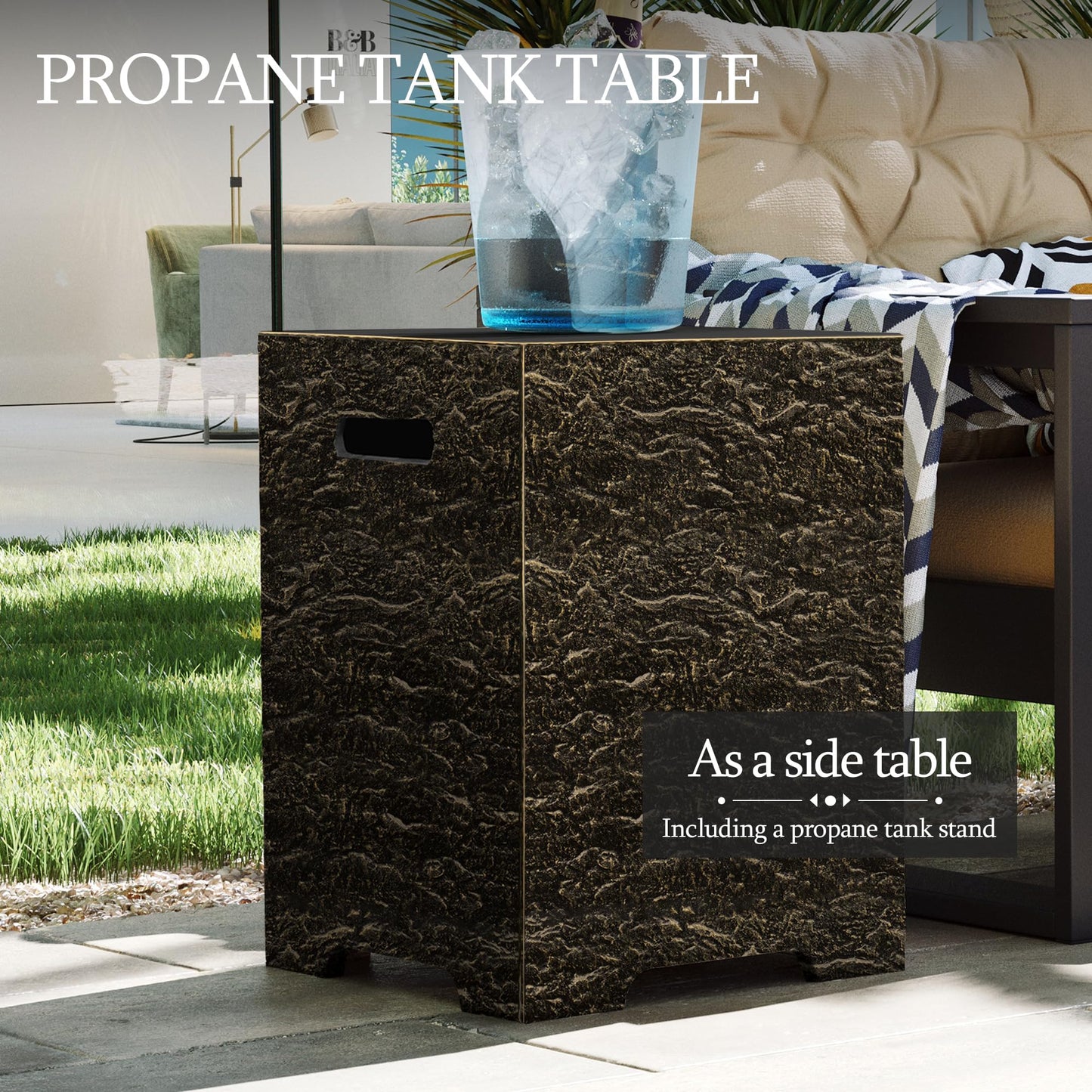 UPHA 42-inch Outdoor Propane Gas Fire Pit Table 50000 BTU Concrete Round FirePit for Outside Patio with Propane Tank Cover, Wind Guard, Blue Glass Rocks, Rain Cover, Bronze