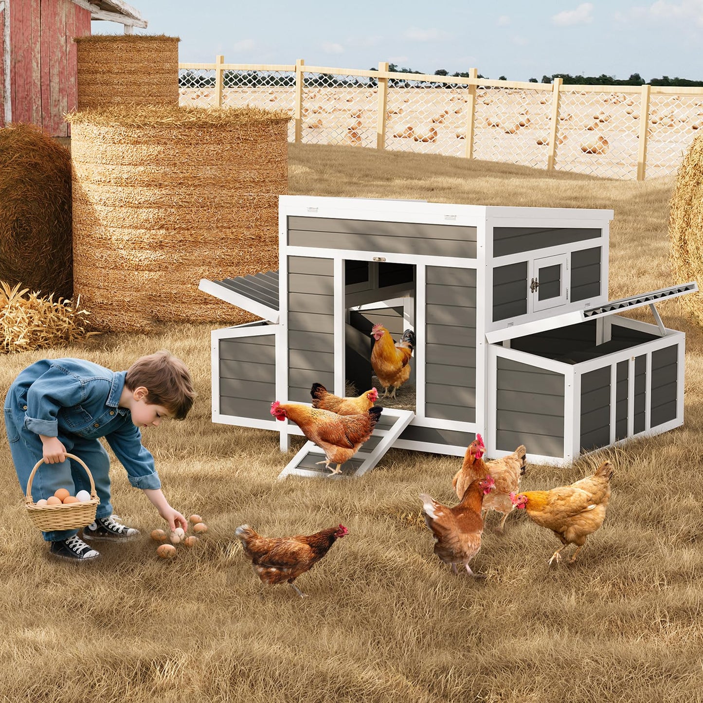 GarveeLife Wooden Chicken Coop, 55" Large Wooden Chicken House with 6 Nesting Boxes, Outdoor Chicken Cage for Outdoor Farm Yard