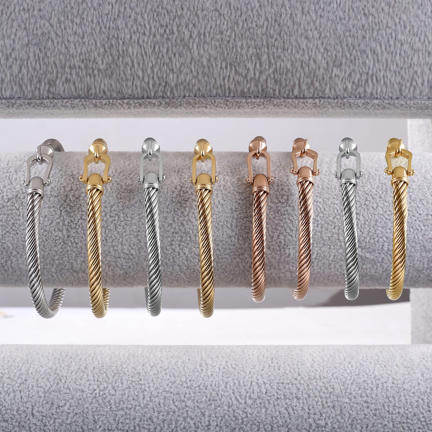 HX SHARE Twisted Cable Bracelet Stylish Fine Stainless Steel Cable Cuff Bracelet with Hook Clasp Bracelets Jewelry for Women Upgrade 18K Gold (7.6")