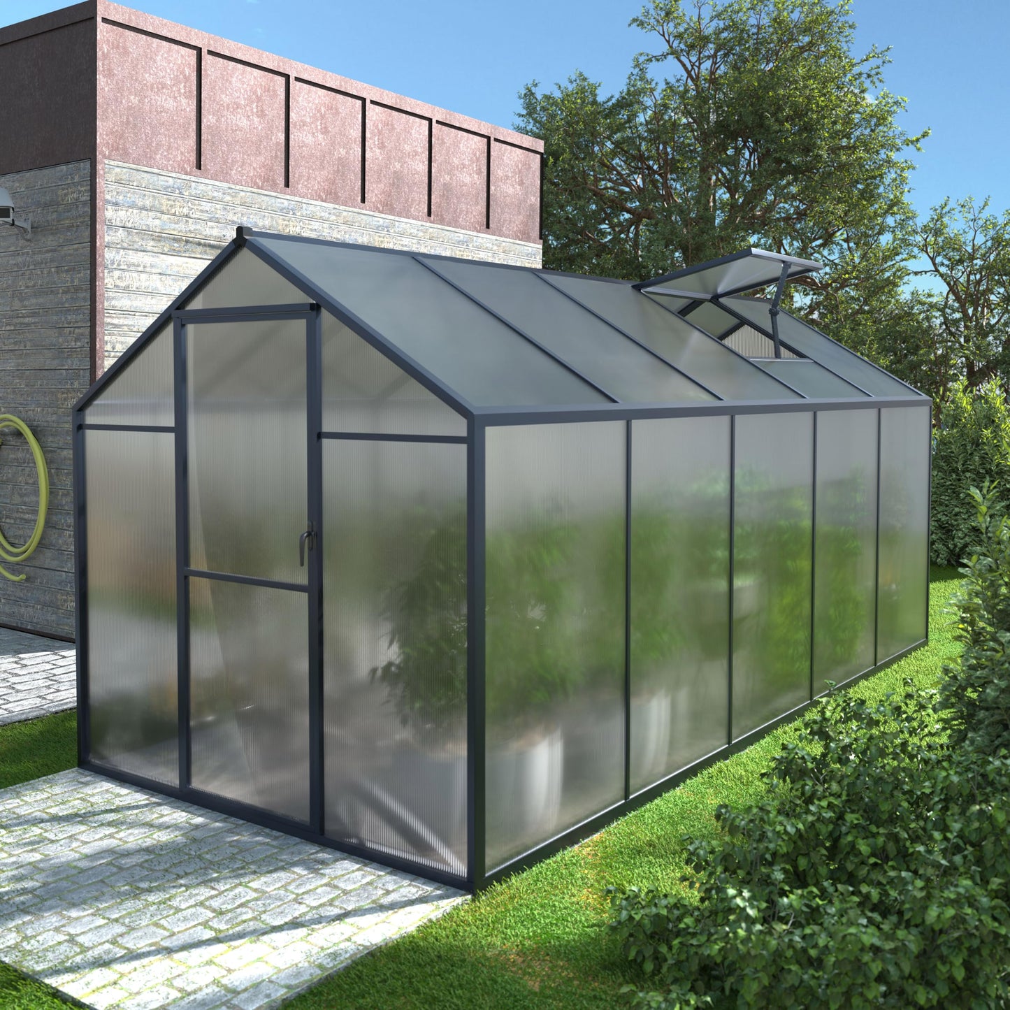 Yardenaler 6' x10' Polycarbonate Aluminum Greenhouse Kit for Outdoor, Walk-in Greenhouse with Lockable Door and Adjustable Roof Vent, Backyard Garden in Winter, Gray